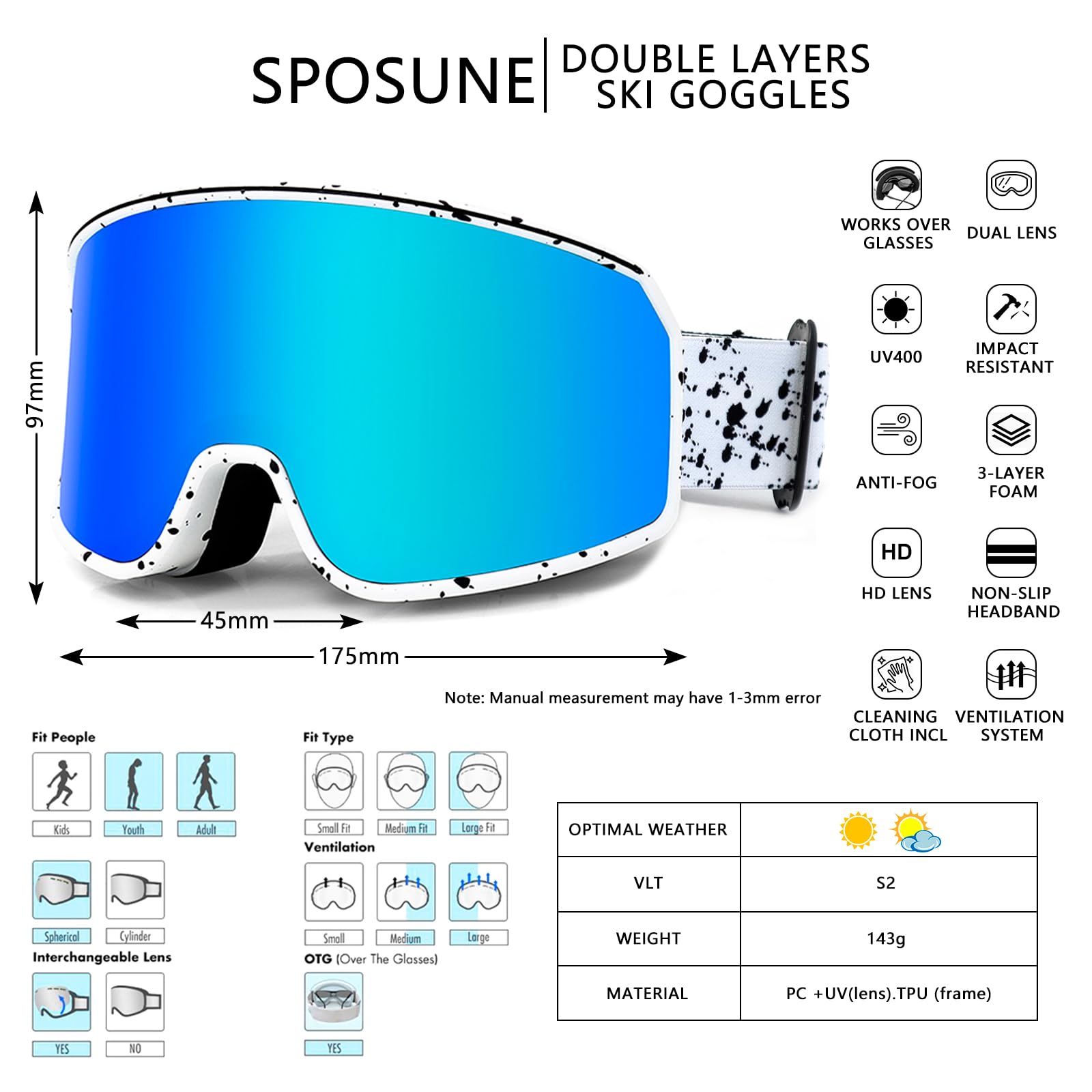 SPOSUNE Ski Goggles Over Glasses with Dual lens, WB& Ice blue Lens, Lens Width: 6.69 In, Lens Height: 3.54 In - Image 3