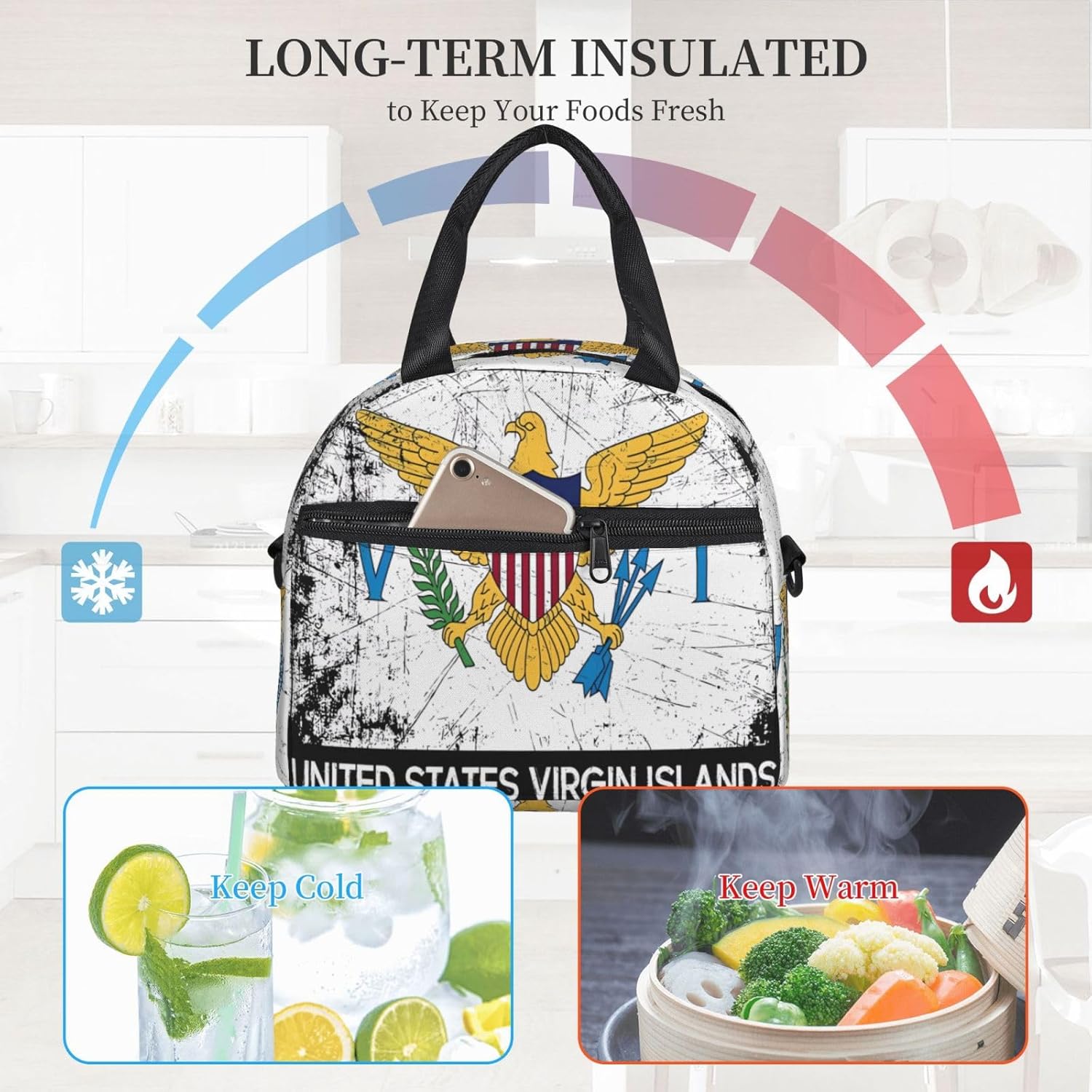 SUNNYEE Vintage American Virgin Islands Flag Eagle Insulated Lunch Bag Portable Lunch Box Reusable Cooler Tote Bags Sling Organizer with Front Pocket Removable Strap for Office Picnic Camping