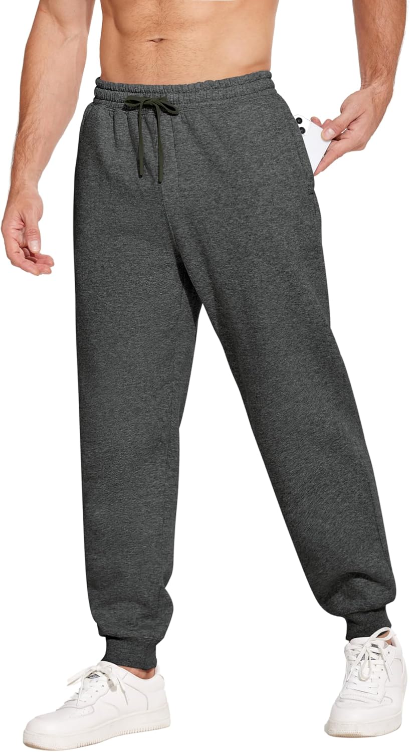 PINSPARK Men's Sweatpants with Zipper Pockets Sweat Pants for Mens Fleece Joggers Pants Baggy Thick Lounge Joggers for Men Dark Grey