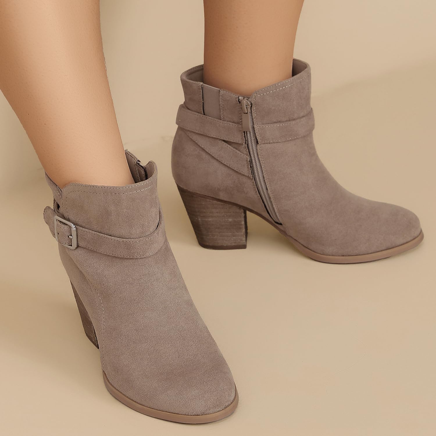 Luoika Women's Wide Width Ankle Boots - Black Brown Short Boots Block Low Heel Side Zipper Booties. - Image 2