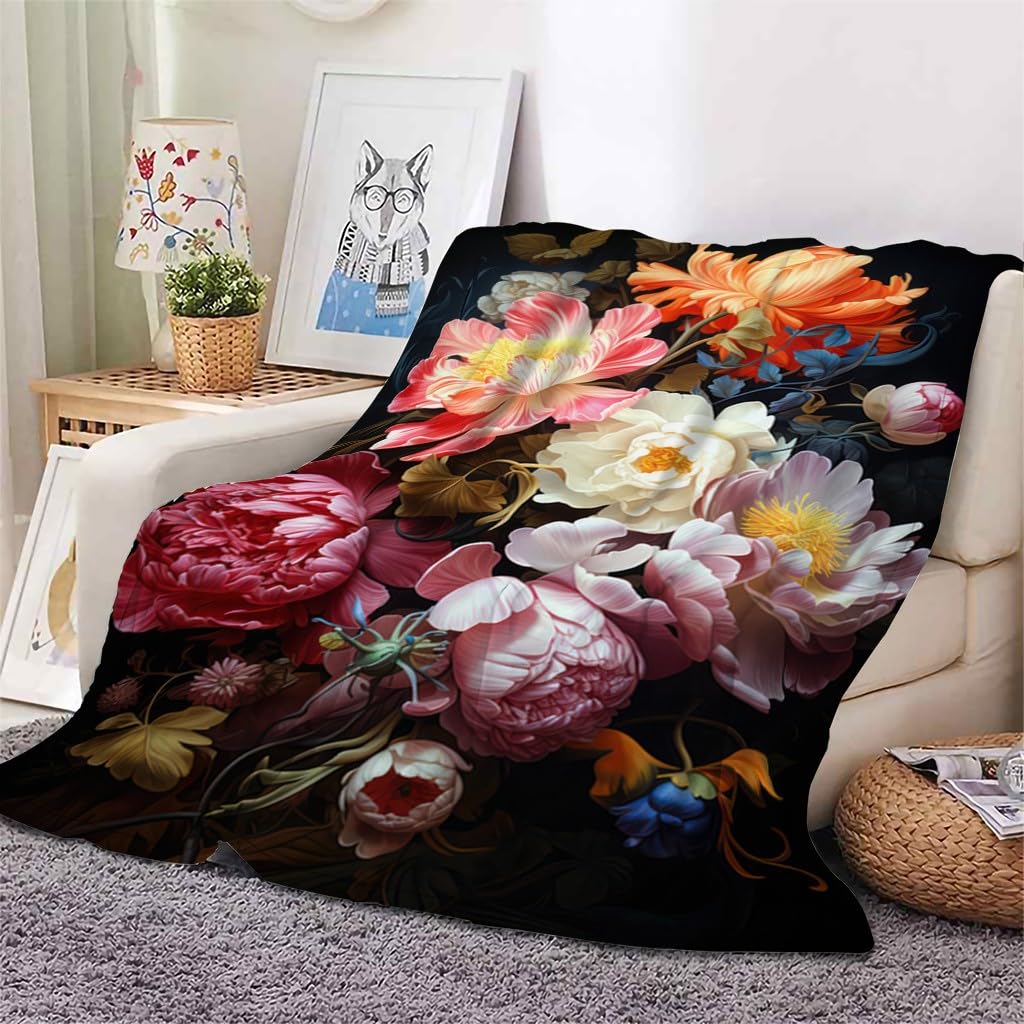 Generisch Puszysty koc do wtulania się w różowe, białe kwiaty, 200 x 200 cm, miękki i dwustronny czarny koc polarowy, idealny koc na sofę i łóżko, AL179
