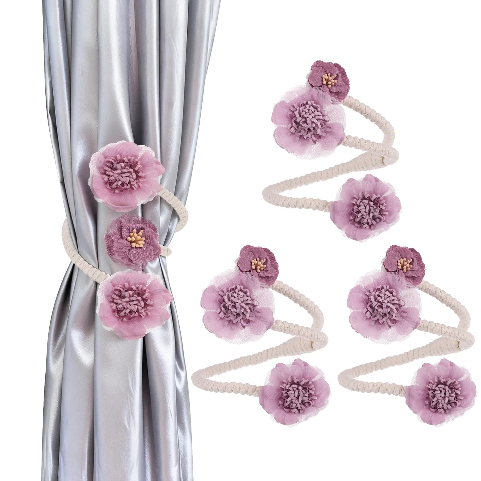 PATIKIL Curtain Holdbacks 4Pcs Artificial Flower Curtains Holder, Twist Tieback Window Drapery Bohemia Decorative Rope for Living Room Bedrooms Homes Offices, Purple