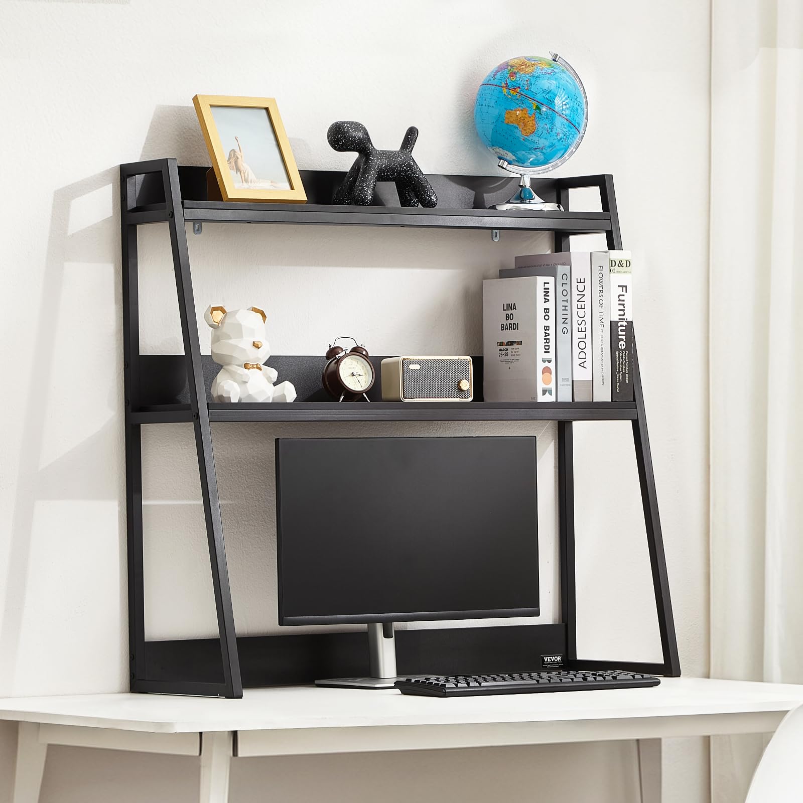 VEVOR Schreibtisch Bücherregal 2-stufiger Organizer (95 x 32 x 90 cm) Tischregale Organizer Ausstellungsregal aus Spanplatten + Melaminpapier + Q195A, Regal mit rutschfesten Füßen, Büro schwarz