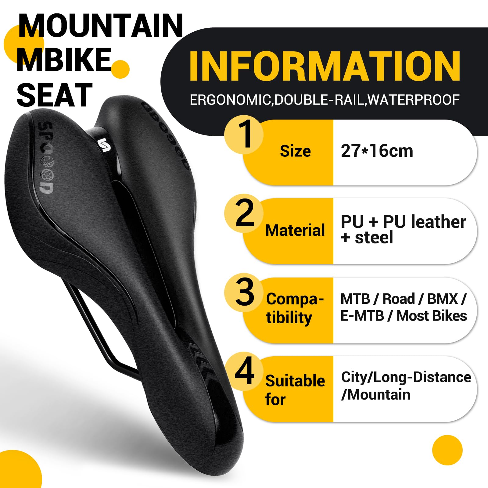 SPGOOD Sella per Bicicletta Gel，Comodo Seggiolino per Bicicletta con Parapioggia e Attrezzi di Montaggio Rapido，per Mountain Bike/BMX/Dirt Bike/Uomo Donna Bambini Nero 27 x 16 cm