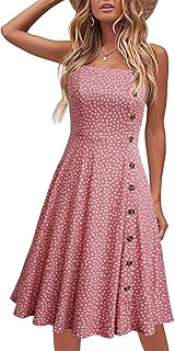 Women's Casual Summer Beach Flattering Flowy A-Line Spaghetti Straps Solid Cotton Button Down Midi Sundress