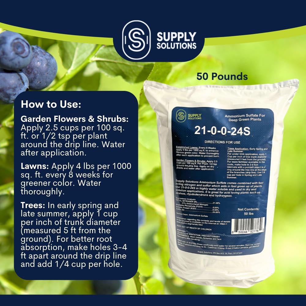 Supply Solutions 21-0-0-24S Ammonium Sulfate for Deep Green Plants - Soil Acidifier for Blueberry Blooms, Azalea and Magnolia Tree Fertilizer - Sulfur for Plants Nitrogen Fertilizer (50 Pounds)