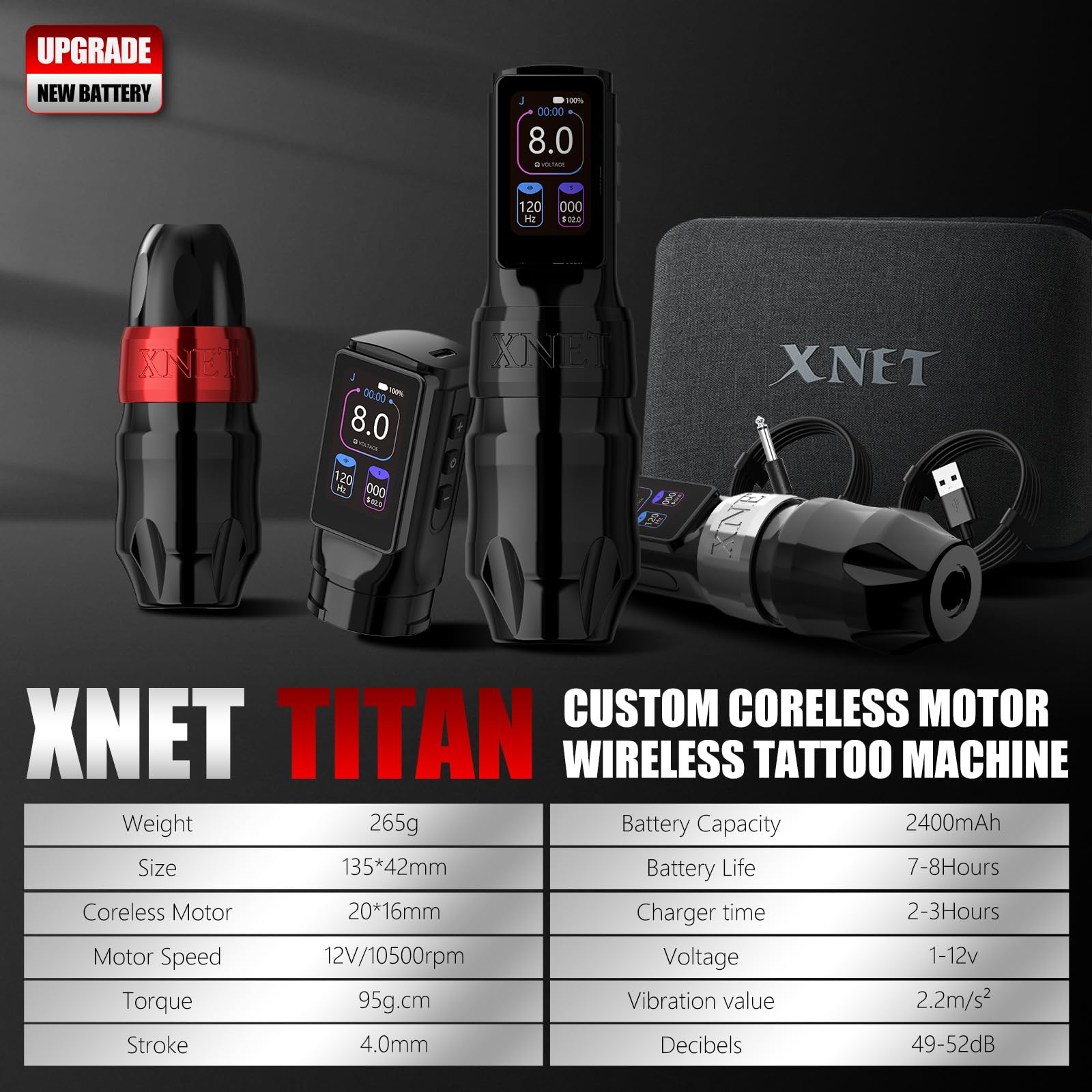Xnet Titan Máquina de tatuaje, pistola de tatuaje profesional con batería de 2400 mAh, motor sin núcleo, pantalla a color, suministro de equipo de tatuaje para artistas profesionales del tatuaje