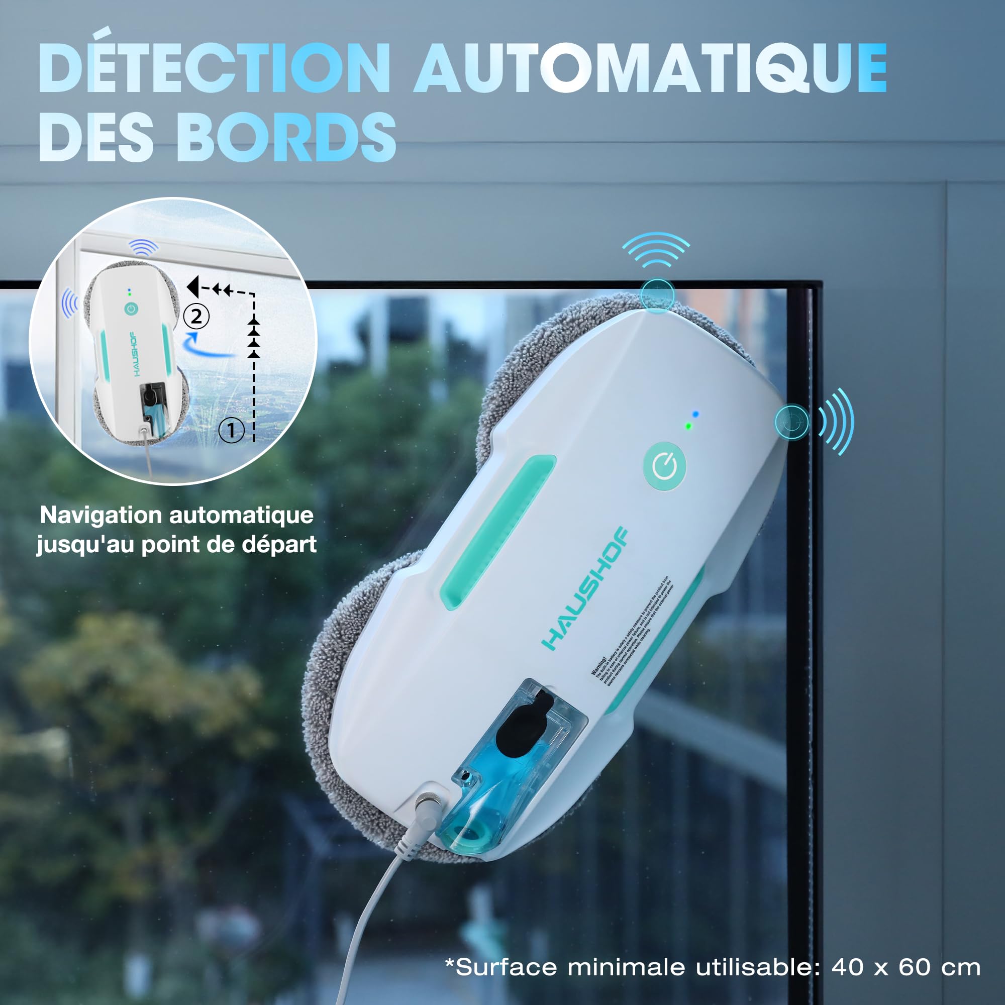 HAUSHOF Robot Nettoyeur de Vitres, Robot Laveur de Vitre Automatique, Nettoyeur de Vitres Électrique, Aspiration Puissante 3800Pa, Détection des Bords, Télécommandé, pour Surfaces Lisses