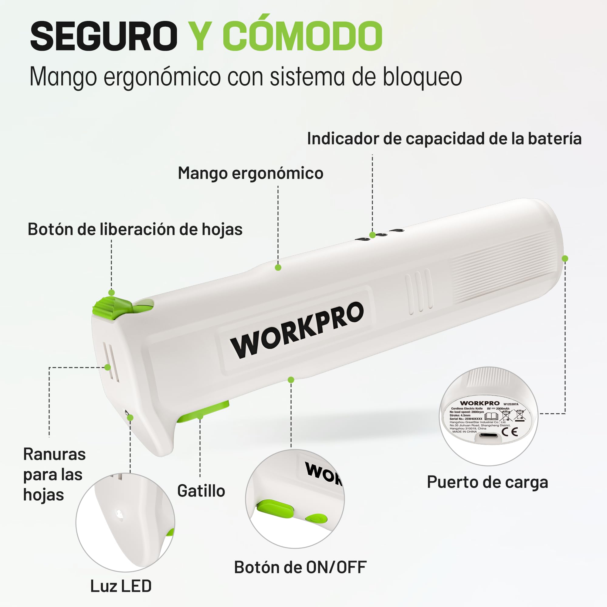 WORKPRO Cuchillo Eléctrico Inalámbrico 8V, Lavable en Lavavajillas, con Caja de Almacenamiento, 2 Cuchillas de Acero Inoxidable, Tenedor, Ideal para Carne, Pan, Jamón y Queso