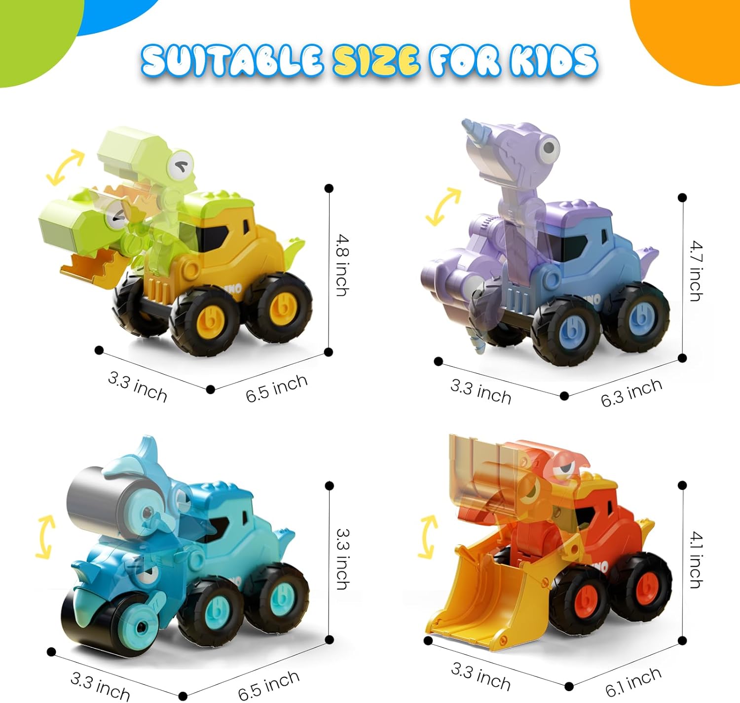 Construction Toys for 2 3 4 5 Year Old Boy Kids Toddlers, Press and Go Dino Truck Construction Vehicle Toys Sandbox Excavator Toys Boy Birthday Gifts