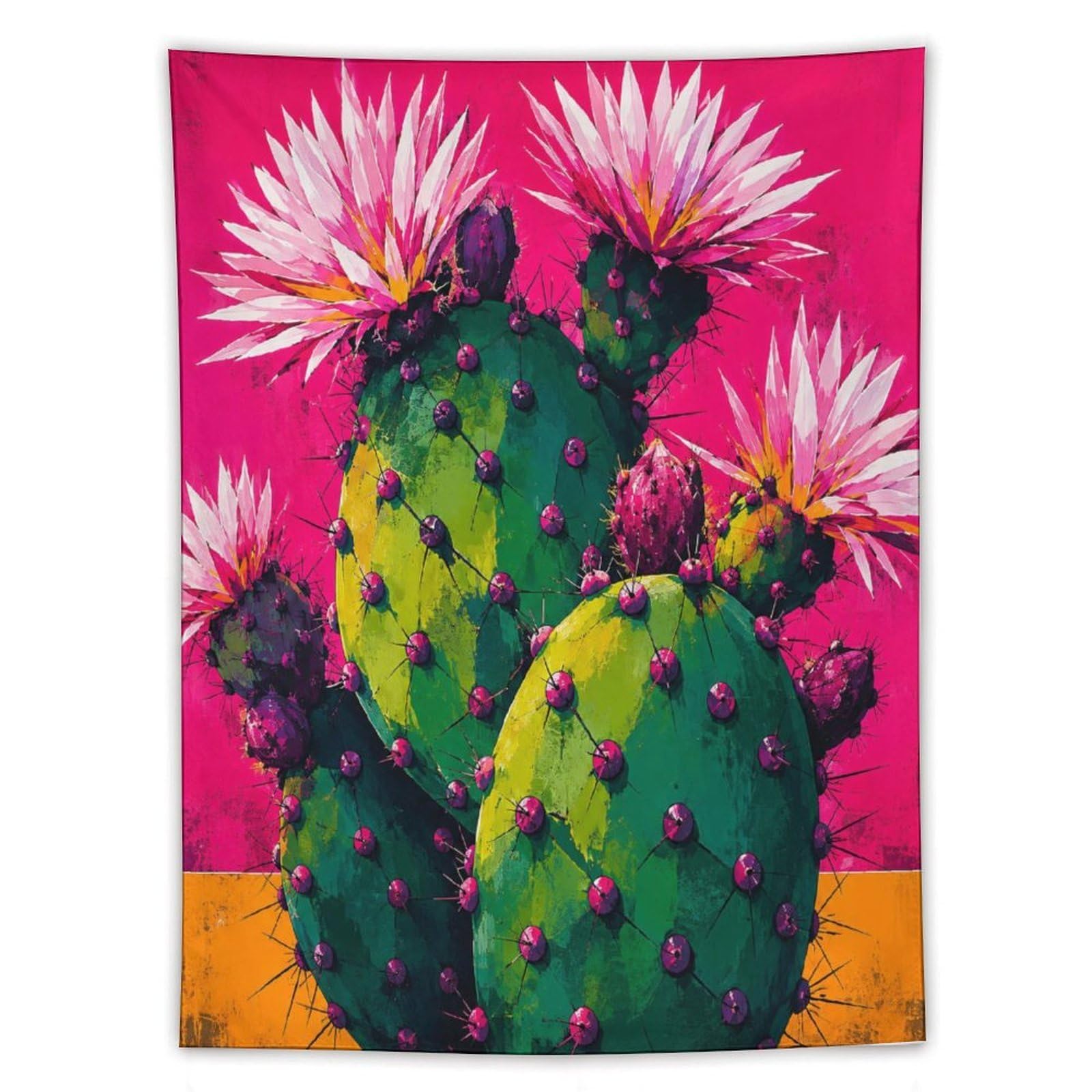 W7C8U2X3 Pink Cactus Flowers Wall Tapestry, Color Block Line Art, Dorm Room