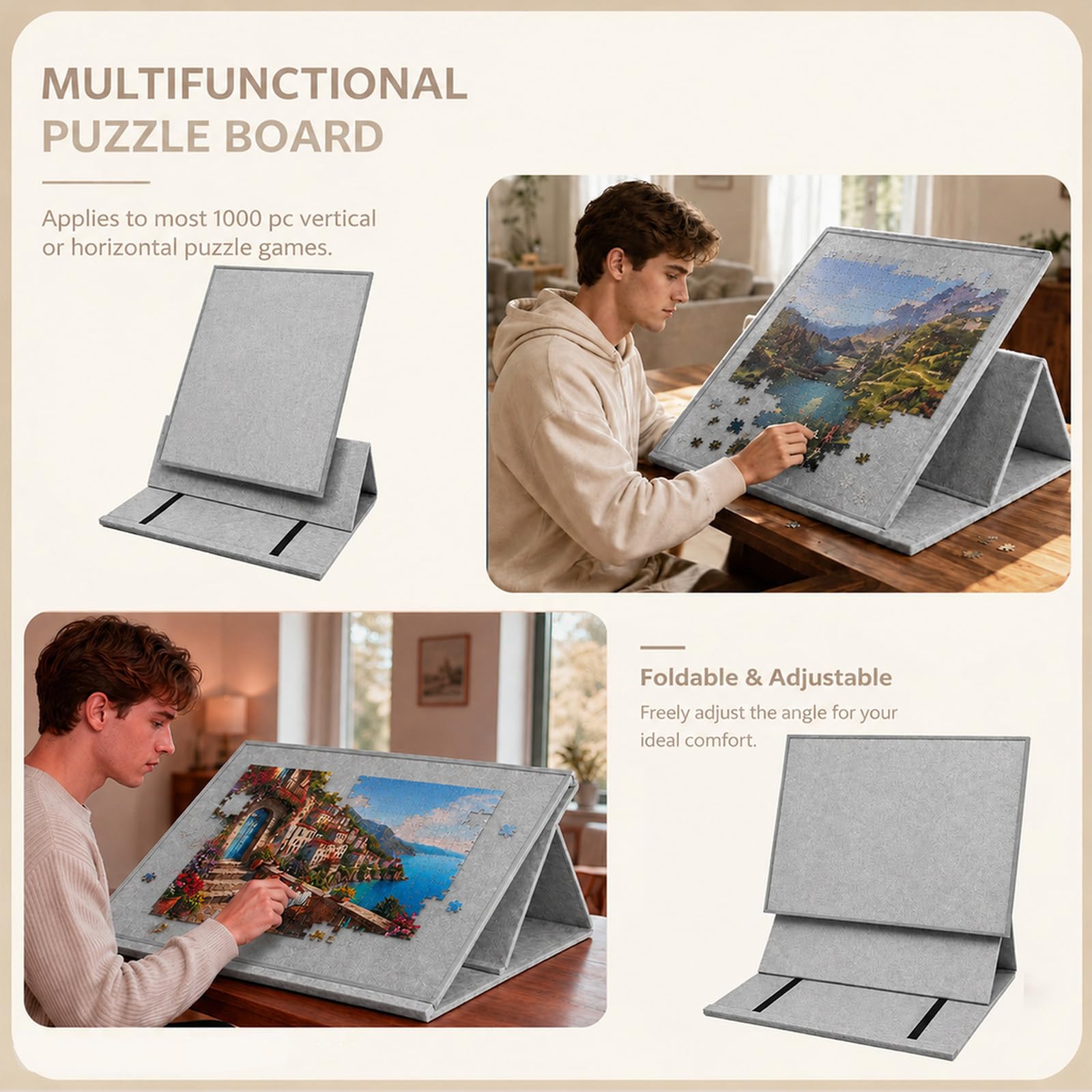Plateau de Puzzle Pliable 1000 Pièces avec 6 Bols de Tri Colorés, Couverture 2-en-1 et Support de Puzzle, Gris Clair