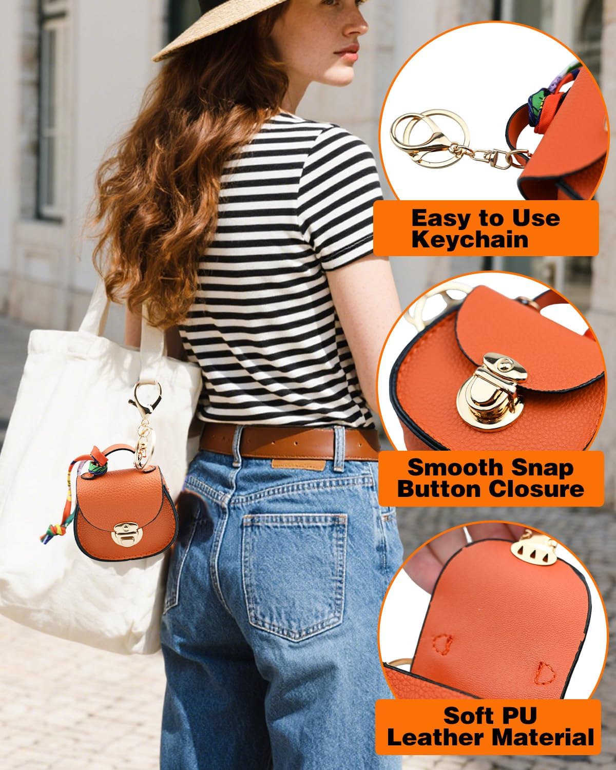 Mini Backpack Keychain Small Change Pouch Purse for Women,Cute Handbags Purse Charms Twist-lock Key Headset Bag,Orange - Image 2