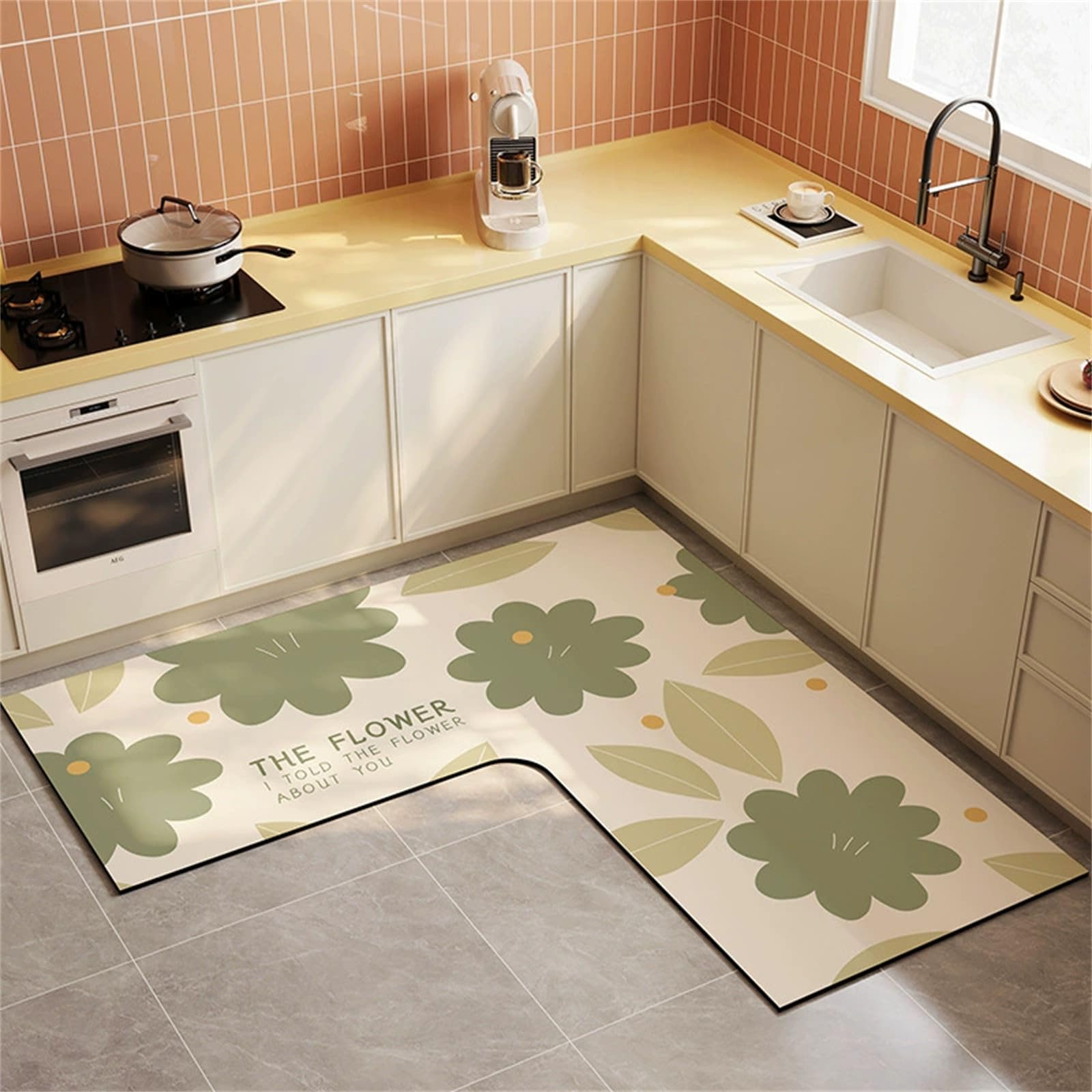 Hixingo Teppich L Form Küche, Blume Muster Teppich Läufer Küche rutschfest Absorbierender Schnelltrocknend Kieselgur Küchenteppich Modern Küchenläufer Küchenmatte (Grün Blatt,120x120x45cm)