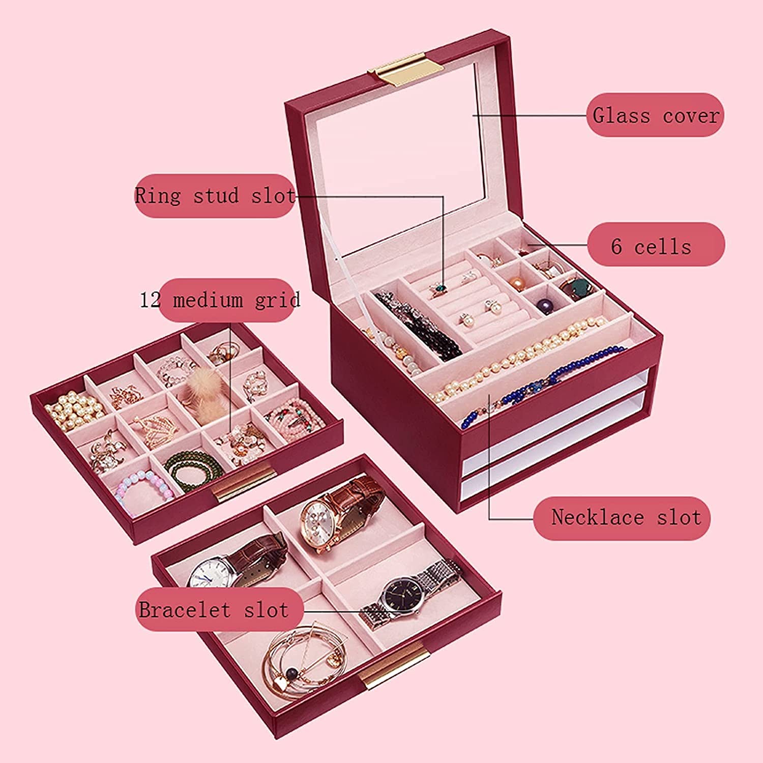 Schmuck-Organizer, Schmuckkästchen, großes Schmuckkästchen, Organizer, Schublade, Spiegel für Damen, Pu-Leder, Aufbewahrungskoffer für Ohrringe, Ring, Halskette, Armband, Uhr, Schmuckkästchen,