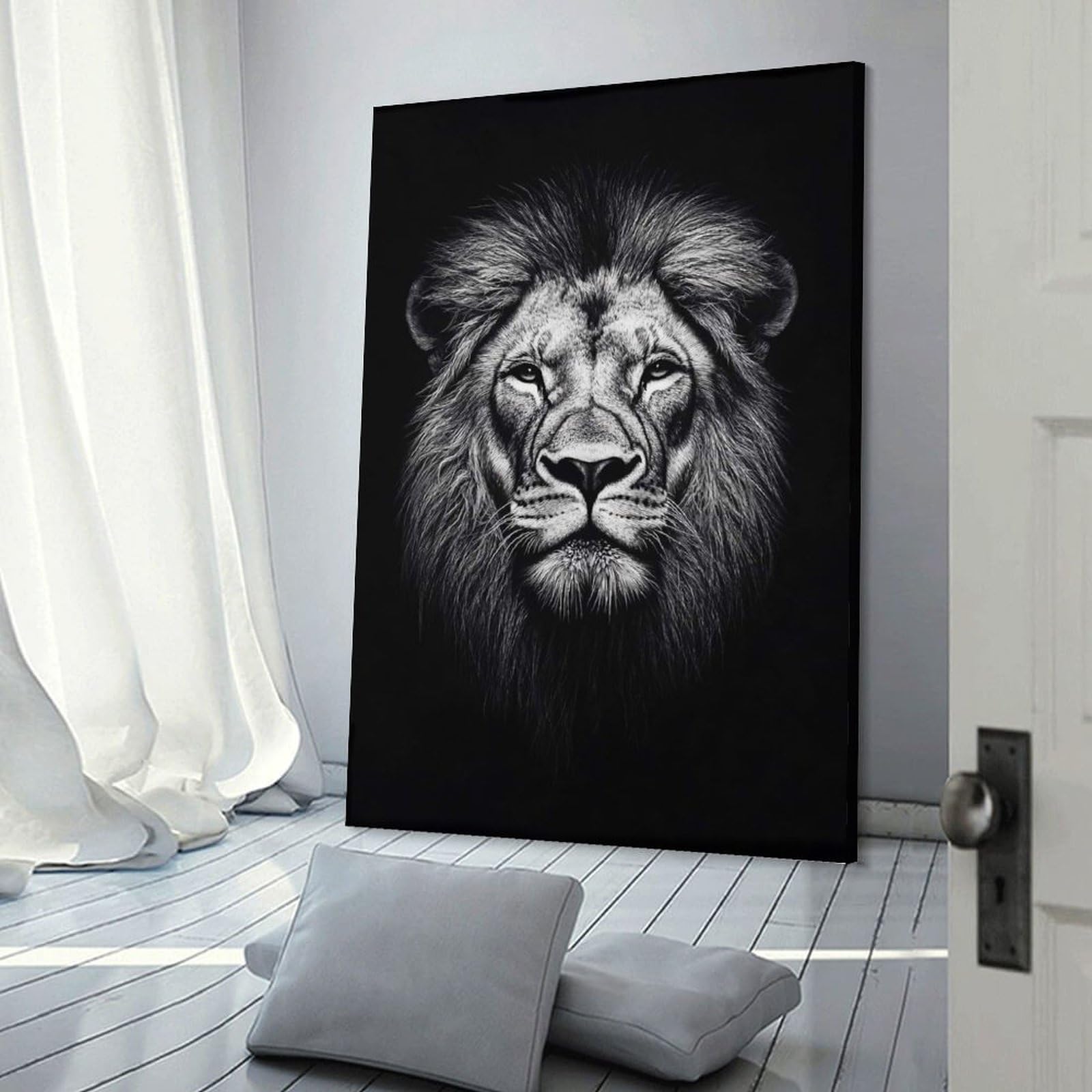 Junmoney Lion Portrait Black And White Canvas Art Print 12x18inch(30x45cm), for New Homes, Bedrooms Or Workspaces, Gift Idea for Housewarming And Birthdays