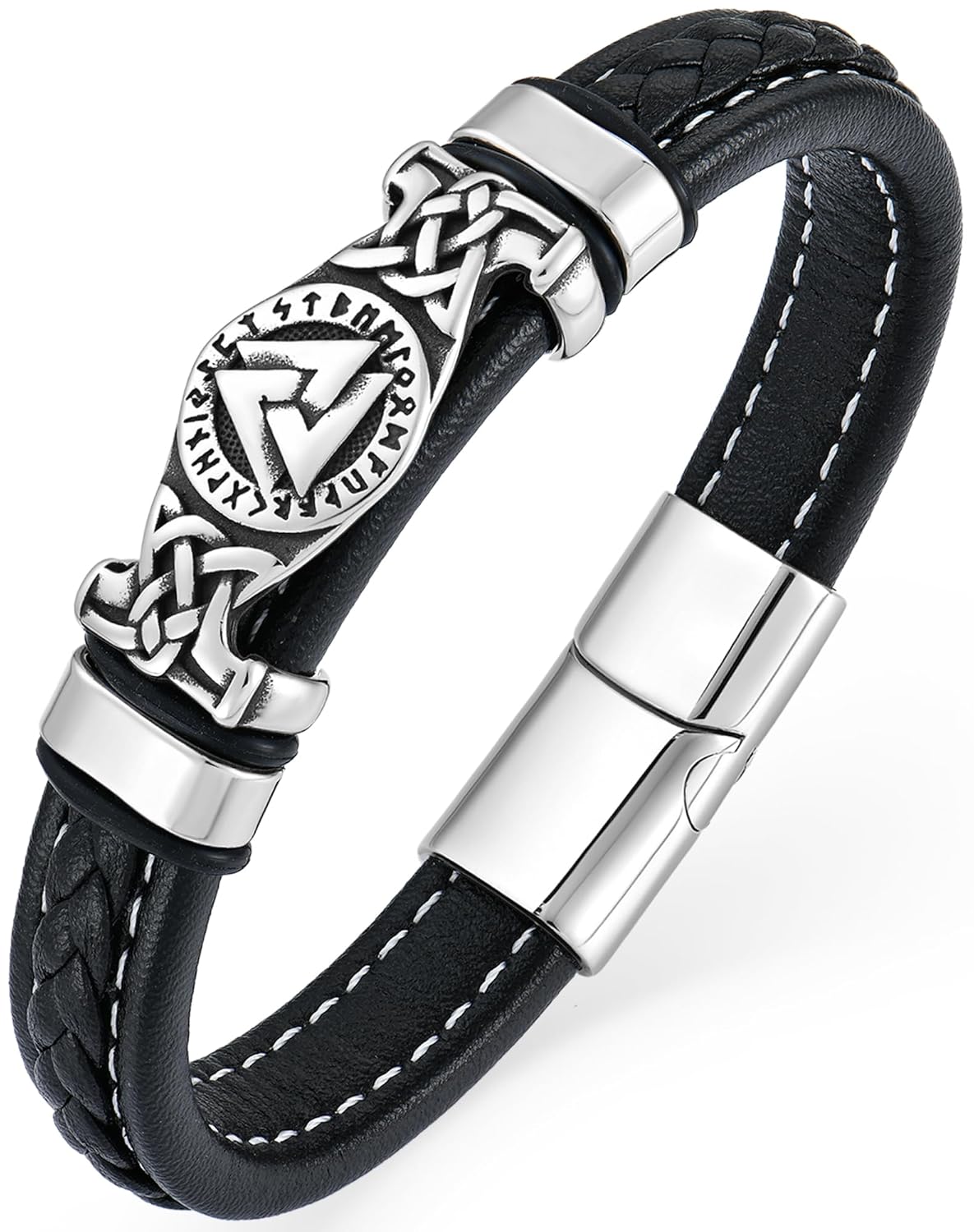 YL Mens Cross Viking Celtic Ankh Odin Compass Life Tree Leather Bracelet 18K Gold Black Rhodium Stainless Steel