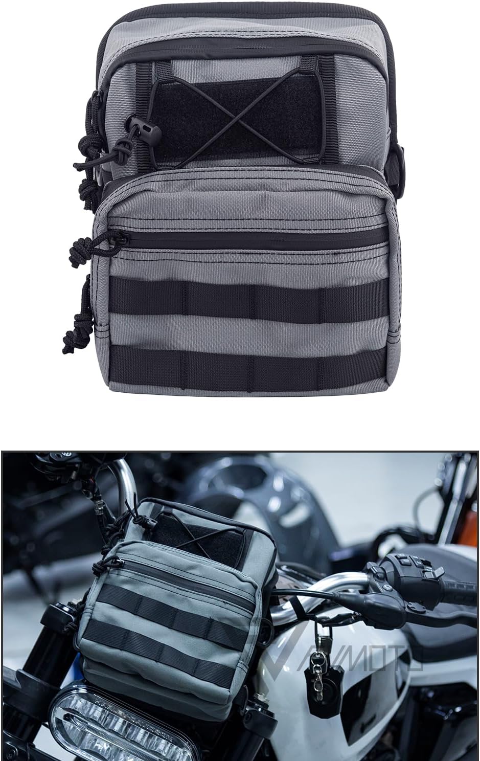 Motorcycle Universal Club Style Utility Molle Traveller Bar Handlebar T-Bar Bag Handle Bags, Fit For Harley Dyna Street Bob FXBB Softail Sportster, Tool Pouch Trunk Storage Bag, Gunship Gray
