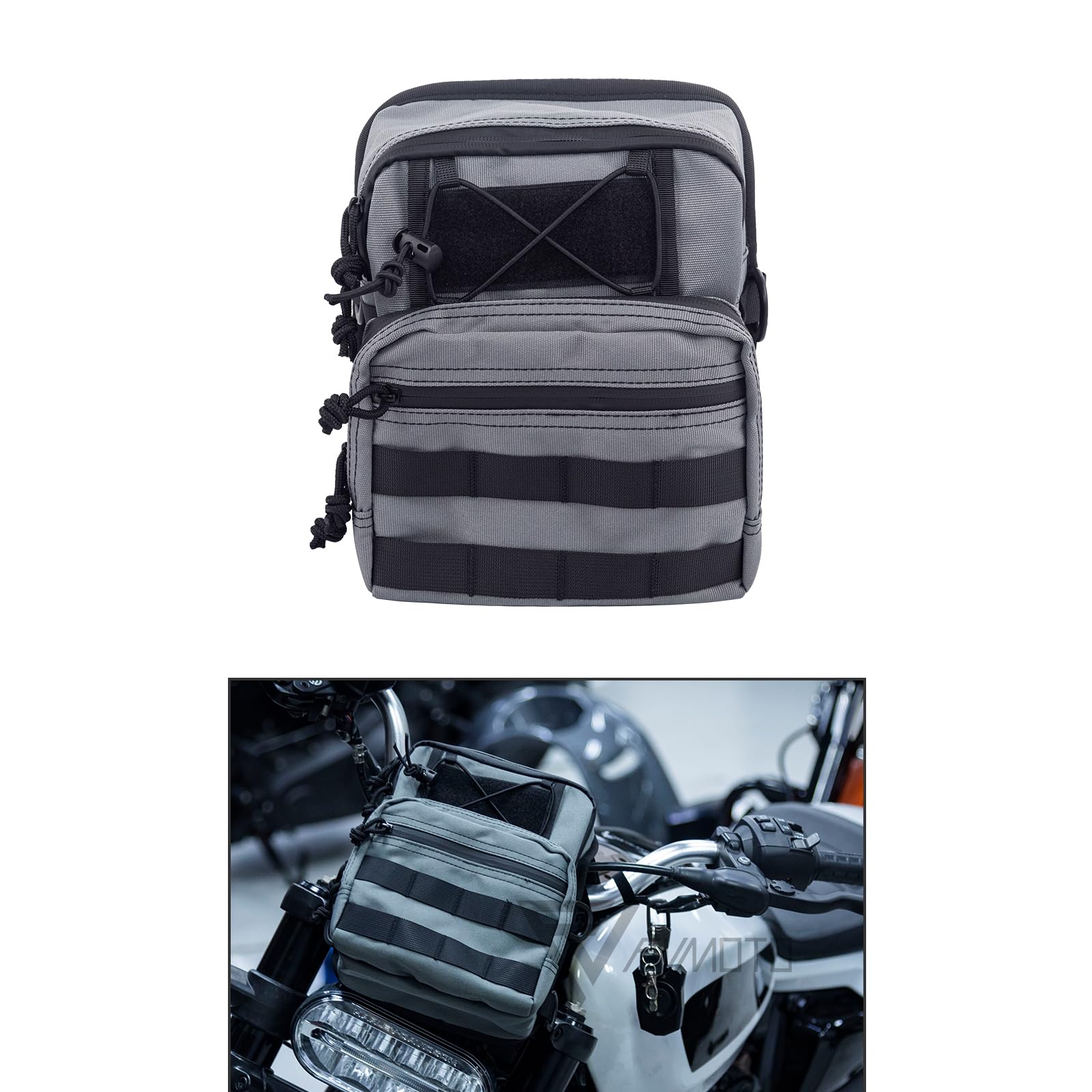 FVMOTO Universal Club Style Utility Molle Traveller Bar Handlebar T-Bar Bag Handle Bags, Fit For Harley Dyna Street Bob FXBB Softail Sportster, Tool Pouch Trunk Storage Bag, Gunship Gray