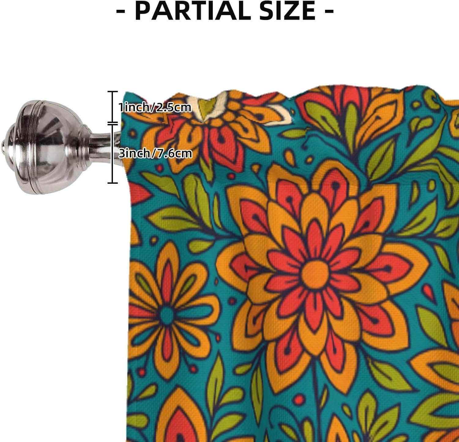 Valance for Windows Boho Teal Orange Floral Kitchen Curtains Valances Rod Pocket Ethnic Flower Vine Window Treatment Short Topper Curtains 1 Panel, 54x18inch