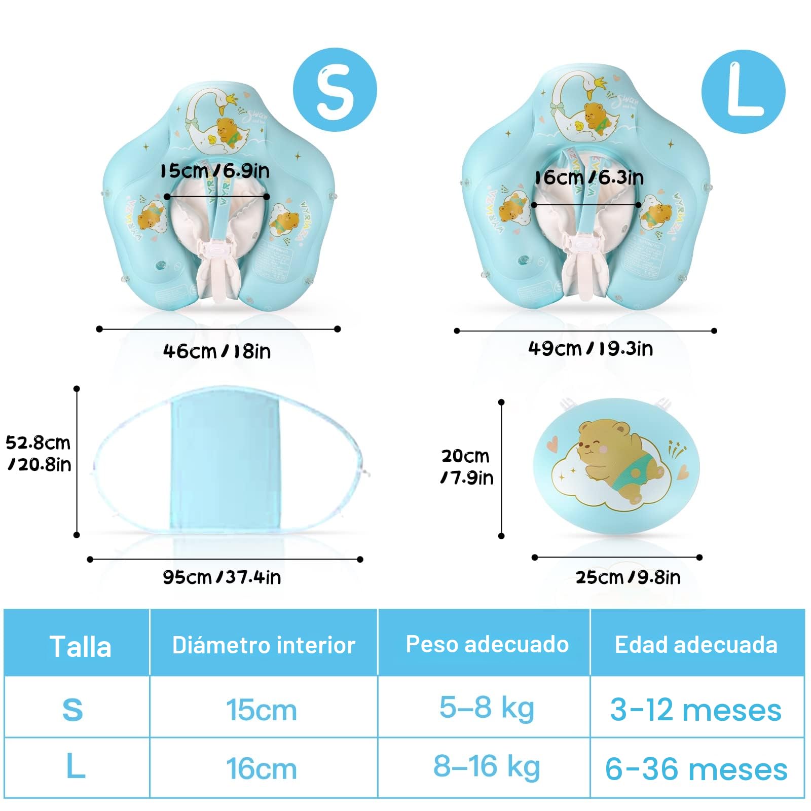 WYRIAZA Flotador Bebe con Sombrilla, Flotadores para Bebes,Flotador Bebé Inflable Parasol Extraíble 3~36 Meses (5-16Kgs) Flotador para Bebe con Sombrilla con Bola de Equilibrio para Evitar Vuelcos