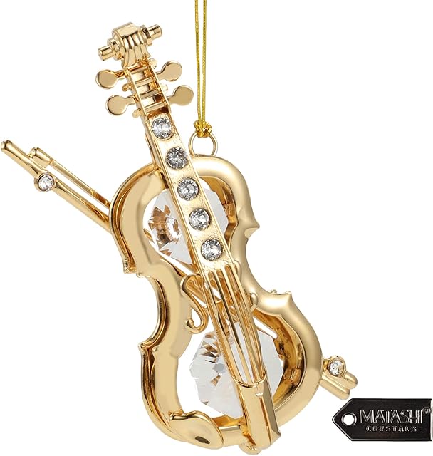 Matashi 24k Gold Plated Highly Polished Violin Ornament Made with Genuine Crystals
