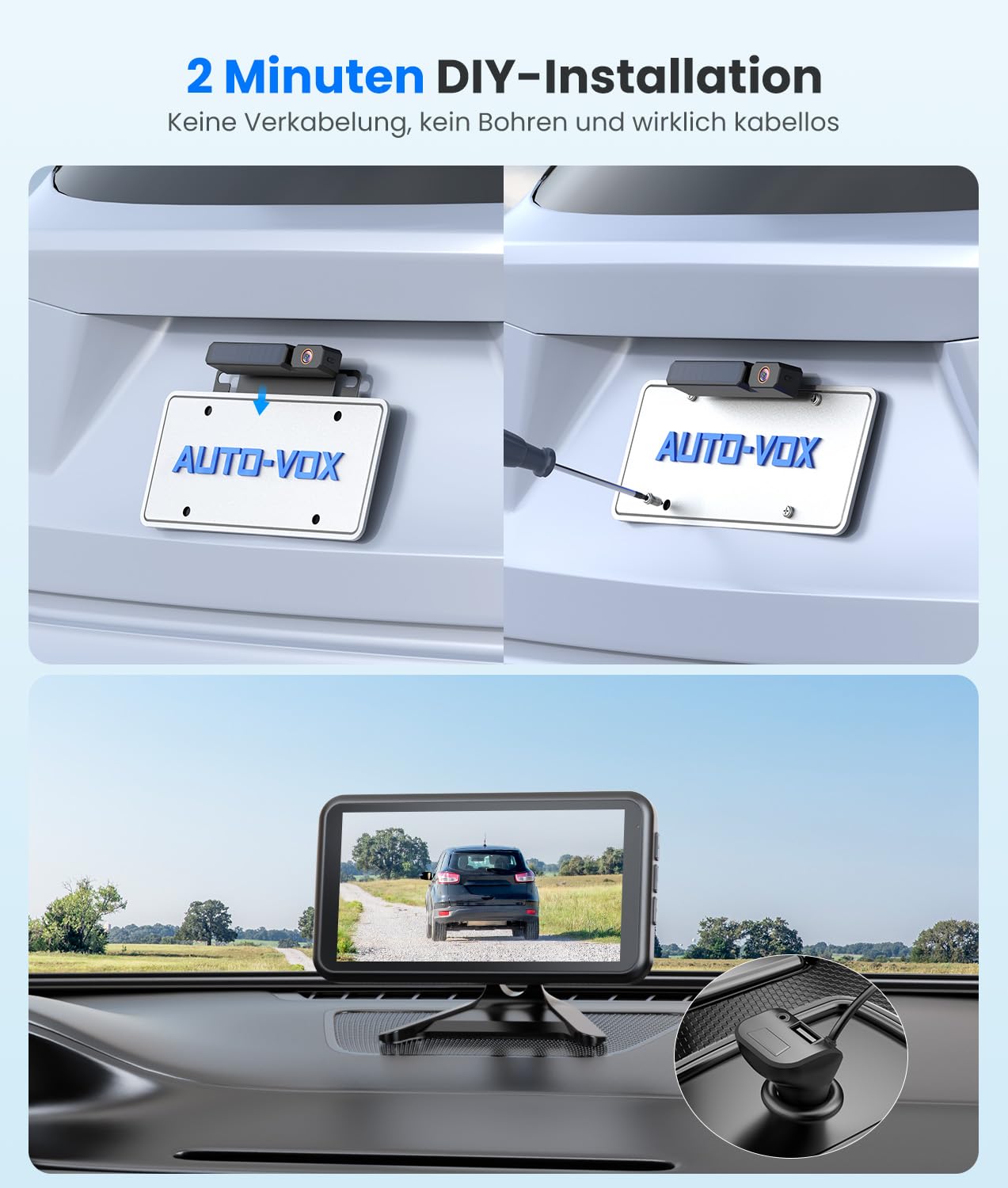 AUTO-VOX Cámara Solar Inalámbrica Marcha Atrás con Monitor 1080P de 5'': Batería 5000 MAh, Instalación en 2 Min, Cámara de Marcha Atrás Impermeable IP69K para Furgonetas/Vehículos Utilitarios/Camiones