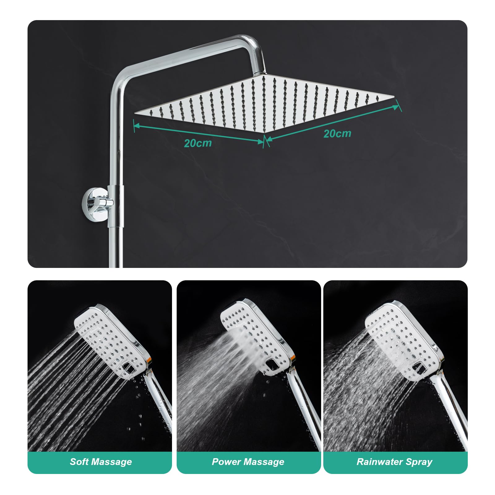 OFFO Shower Riser Rail Kit, Rainfall Shower Kit with 8"(20cm) Square Rain Shower Head - Image 4