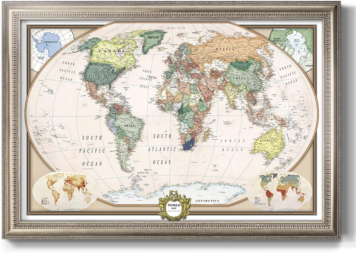 Renditions Gallery Colorful World Map Canvas Wall Art with Walnut Frame Wall Hanging Travel Map with Push Pins for Home, Office, Classroom