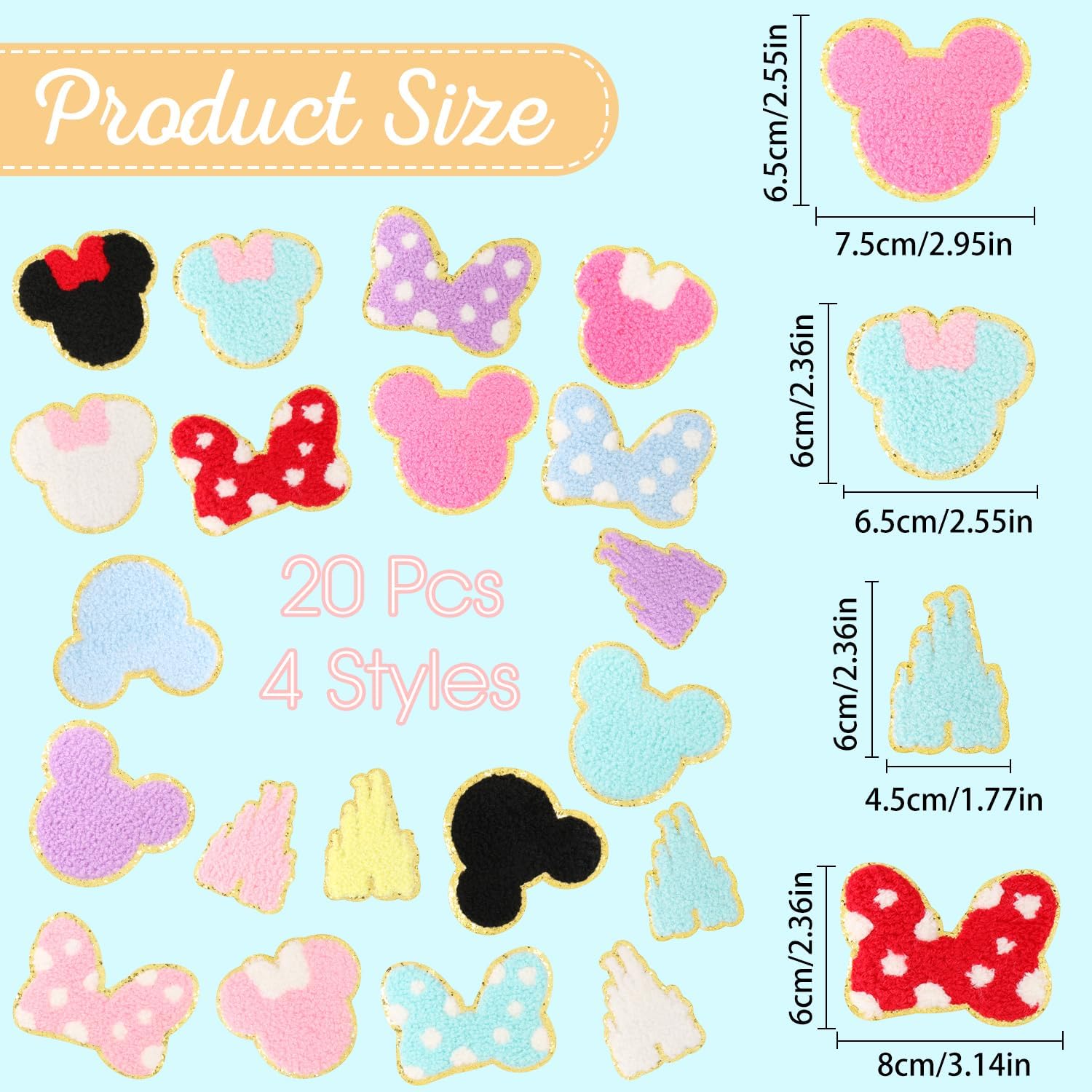 20 PCS Chenille Iron on Patches, CCOZN Colorful Chenille Castle Bowknot Bear Embroidered Patches Sew On Embroidered Applique DIY Accessory for Clothing Hats Jackets Backpack Pants