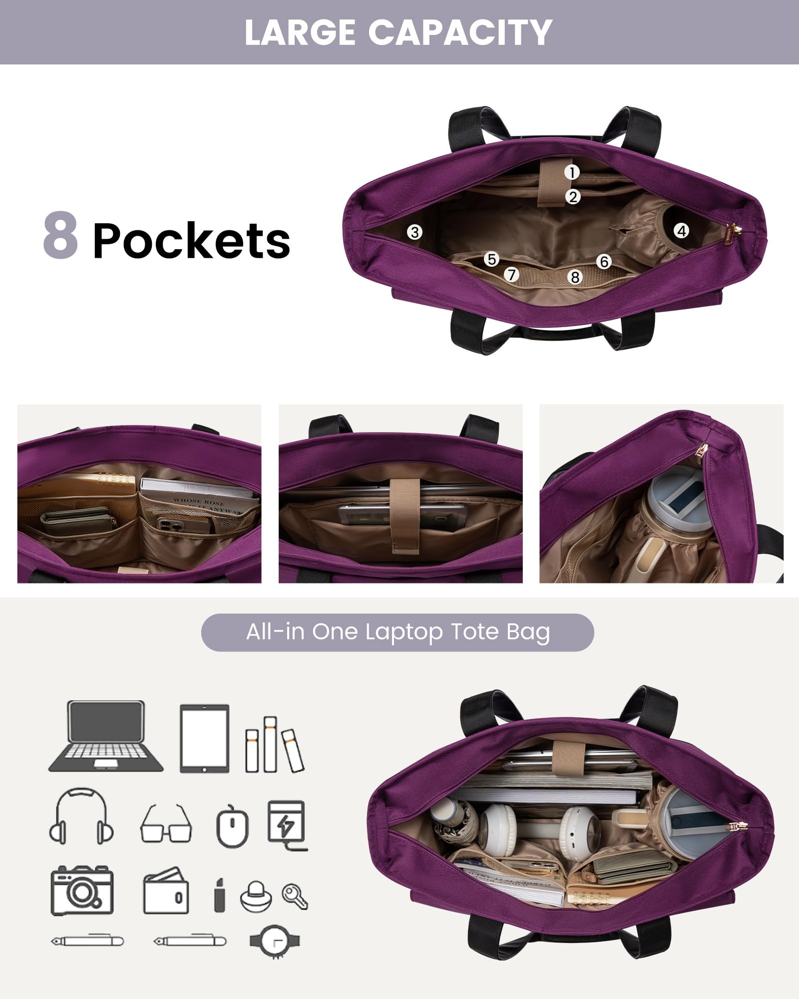 LOVEVOOK Borsa per computer portatile da donna, in tela, grande capacità, con tasche multiple, borsa da lavoro per insegnanti, infermiere, viaggi d'affari