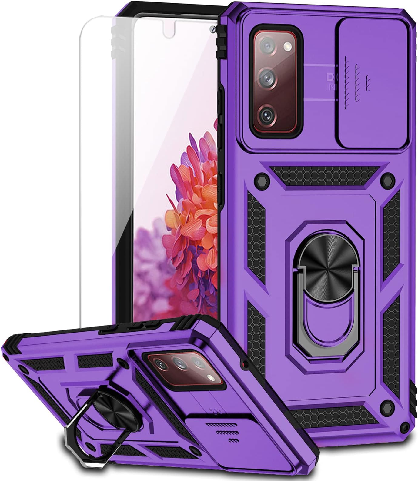 for Samsung Galaxy S20 FE 5G Case with Camera Lens Cover HD Screen Protector, Military-Grade Drop Tested Magnetic Ring Holder Kickstand Protective Phone Case for Samsung Galaxy S20 FE 5G, Purple
