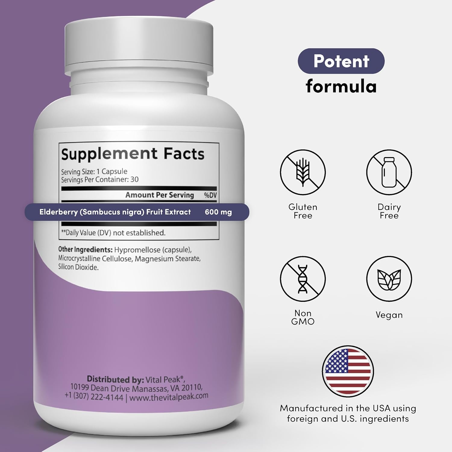 Vital Peak® Elderberry Peak 600 mg - Supports Immune System & Antioxidant Protection - Black Elderberry Capsules - Sambucus Nigra Extract Supplement - Vegan, Gluten Free, Non-GMO - 30 Capsules - Image 2