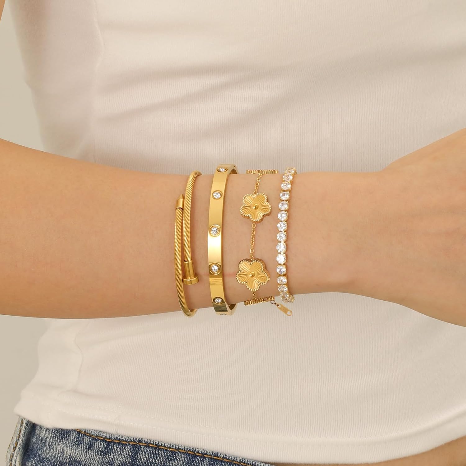 Gold Bracelets for Women, 18K Gold Plated Women Tennis Bracelets Clover Nail Love Bangle Bracelet Set, Gold Bracelet Stackable Set Trendy Jewelry, Gifts for Women's Day and Mother's Day - Image 3