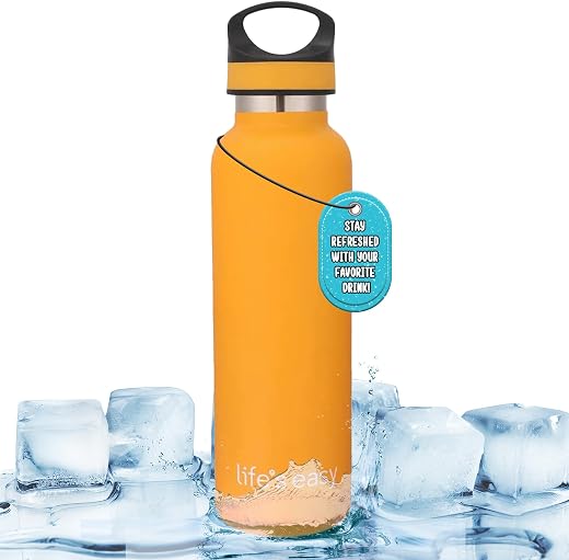 LIFE'S EASY Insulated Sports Water Bottle with Lid. Stainless Steel Vacuum Double Wall Thermo Flask for Hot and Cold Drink...