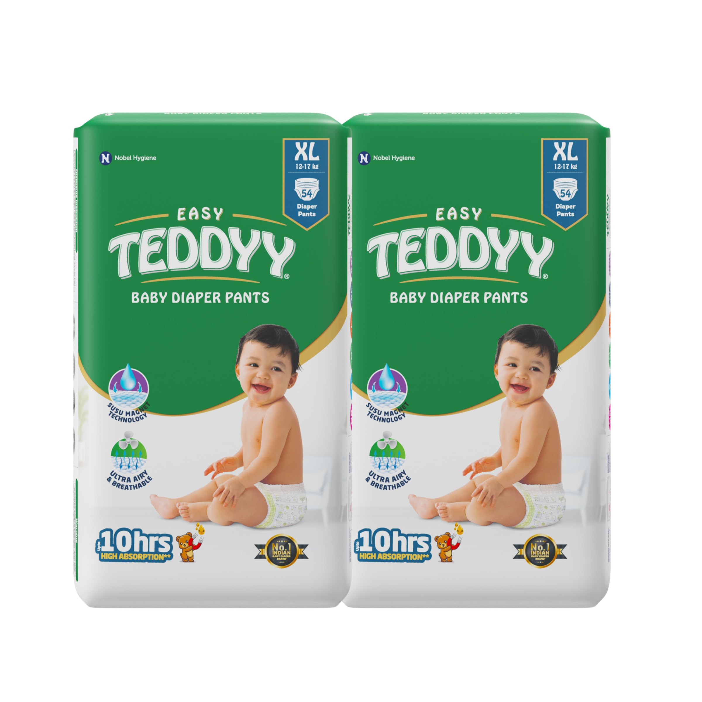 TEDDYY Easy Baby XL Size Diaper Pant Style |108 Count (Extra Large) |12-17 kgs (Pack of 2) | Long Protection Hours | Anti-Bacterial | Airy Breathable Fit | Rapid Soaker Channels with Wetness Indicator