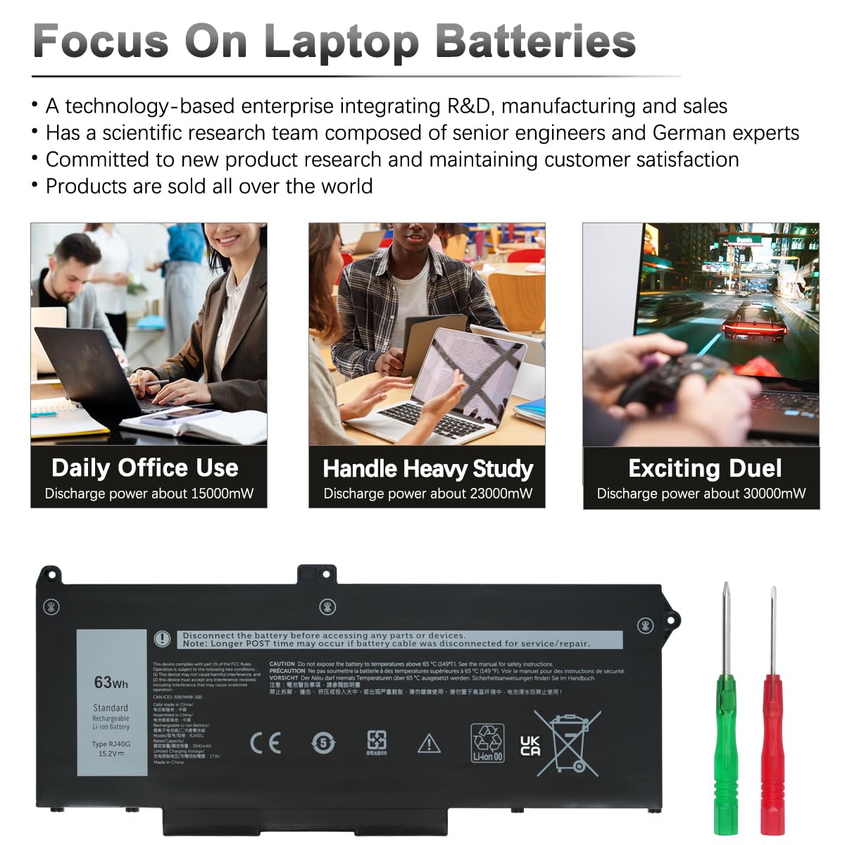 RJ40G Batteria per Dell Latitude 15 5520 Latitude 14 5420 Precision 15 3560 Series M033W 01K2CF 075X16 WY9DX P137G P137G001 P104F P104F001 0WK3F1 0M3KCN 4 Celle 15.2V 63Wh 3941mAh