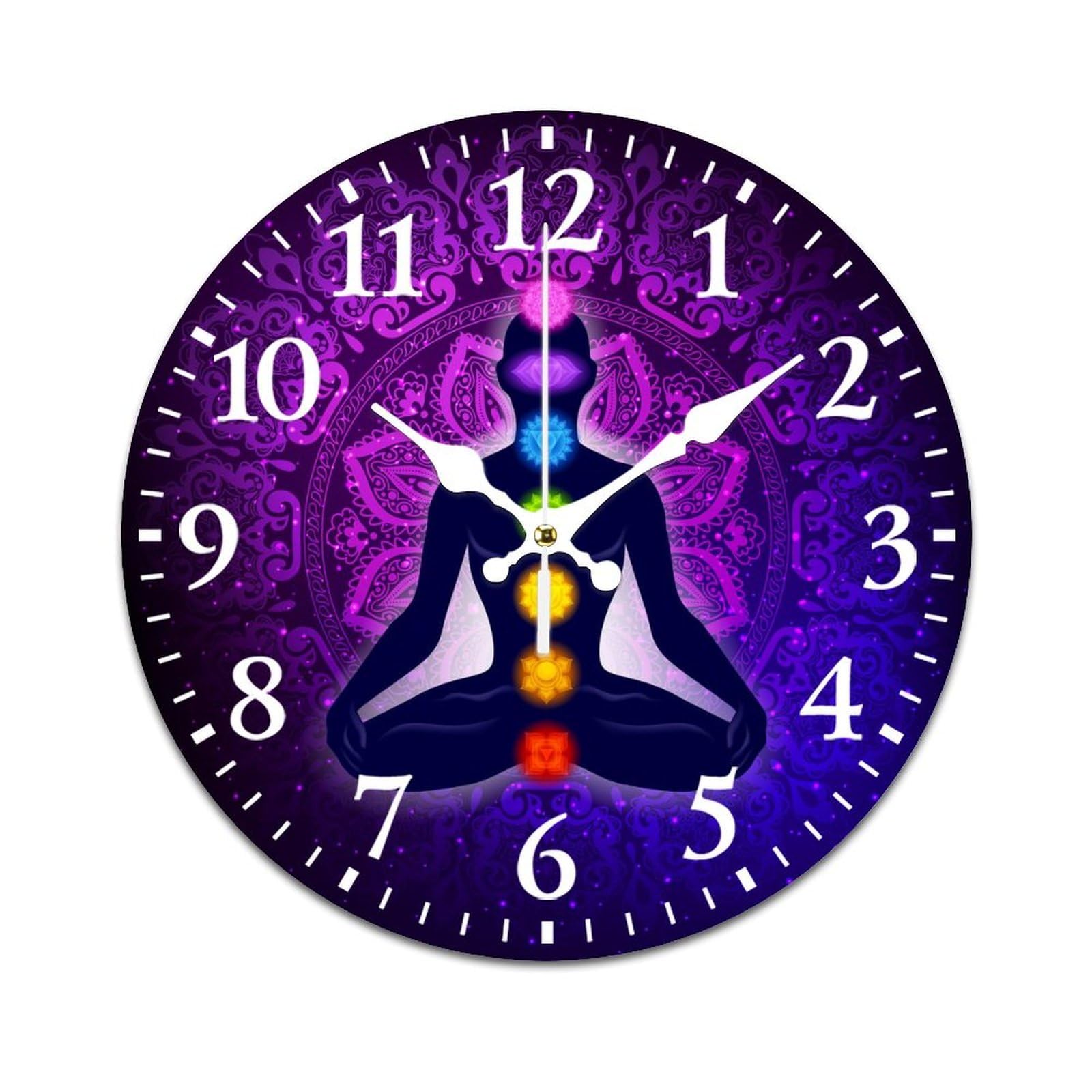 Large Round Wall Clock 13.4 Inch, Seven Chakra Yoga Meditation Lotus Purple Mandala Silent Non-Ticking Digital Clock Wall Decor for Kitchen Living Room Dining Room and Bedroom