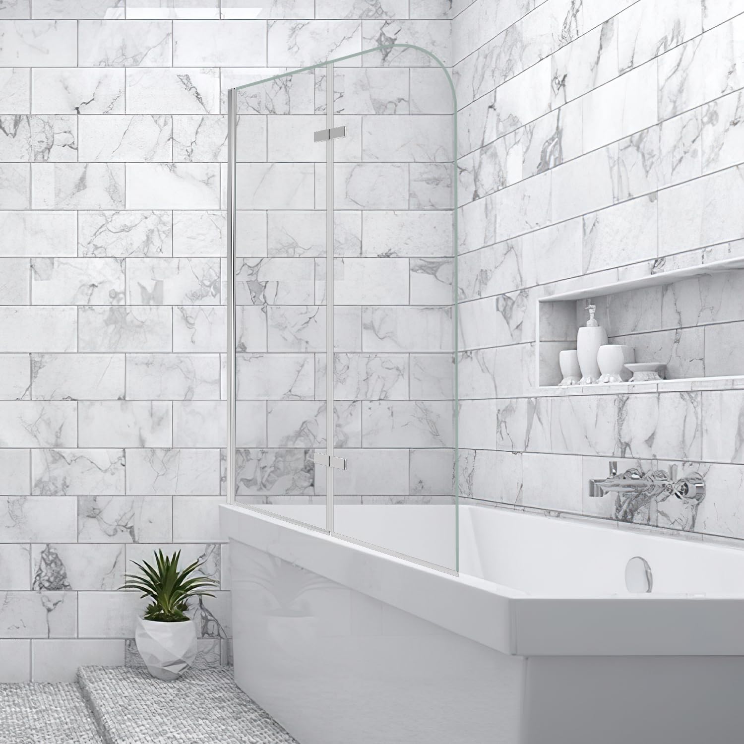 Duschwand für Badewanne 100x140cm, 2 Teilige Faltbare Glas Duschtrennwand aus 6mm Sicherheitsglas (EGS), Badewannenaufsatz, Silber Transparent
