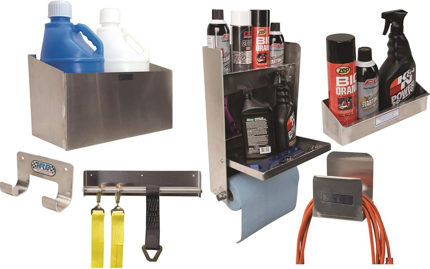 Speedway Motors Deluxe Junior Trailer and Garage Organizer Kit, All Aluminum Storage System with Strap Rack, Cord Holder, Spray Can Shelf, Fuel Jug Rack and Door Cabinet