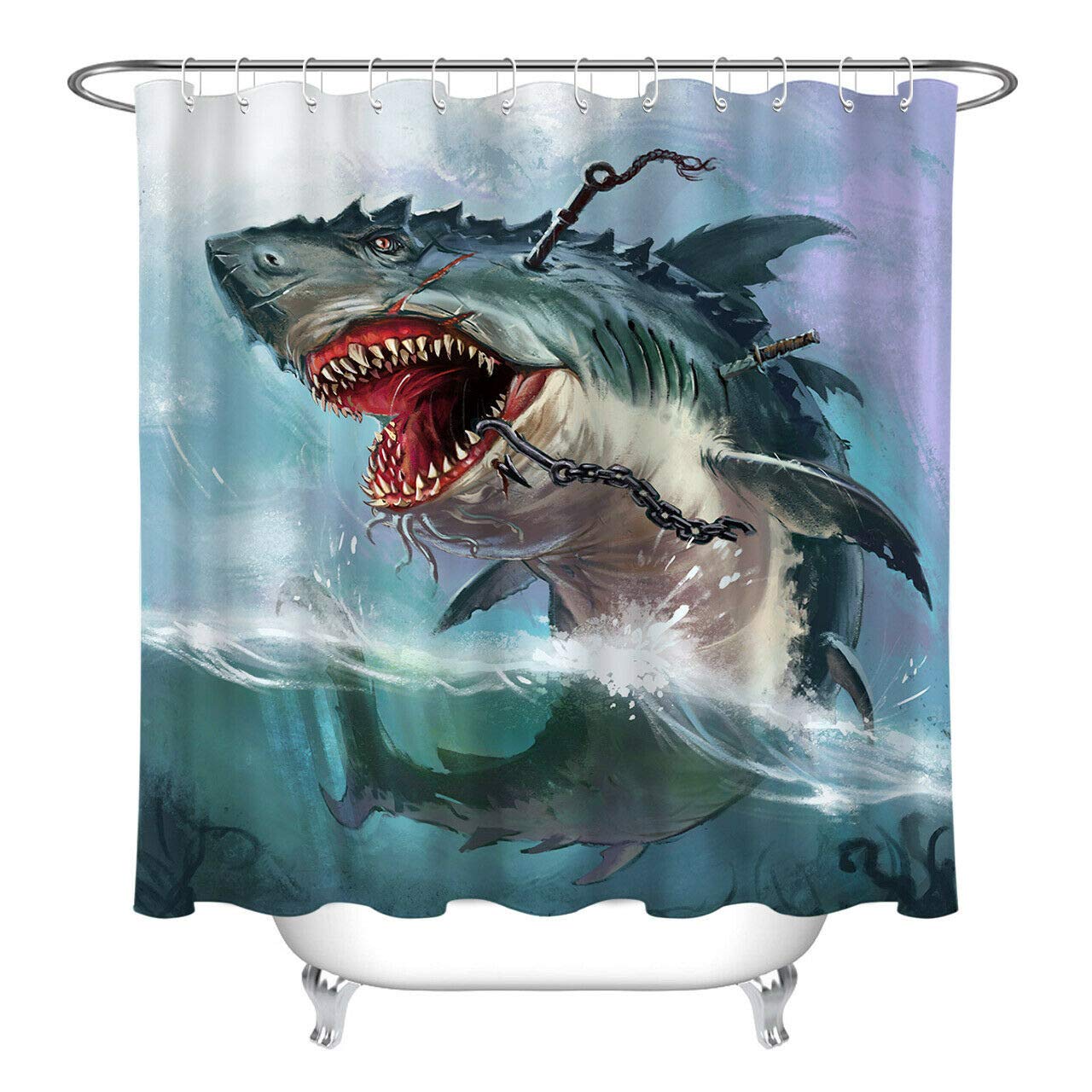 Tenda da doccia divertente, 180 x 180 cm, motivo squalo 3D