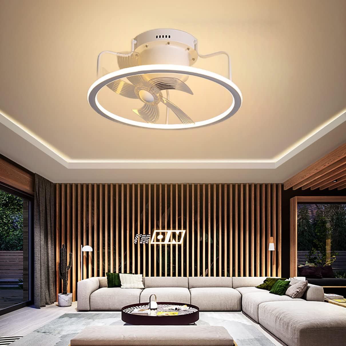 YUEGOO Ceiling Fans with Lamps,50Cm Ceiling Fan with Lighting, Led Dimmable Ceiling Fan Lights 360° Shaking Head Mute Fan Ceiling Lamp for Living Room Bedroom Dining Room/White