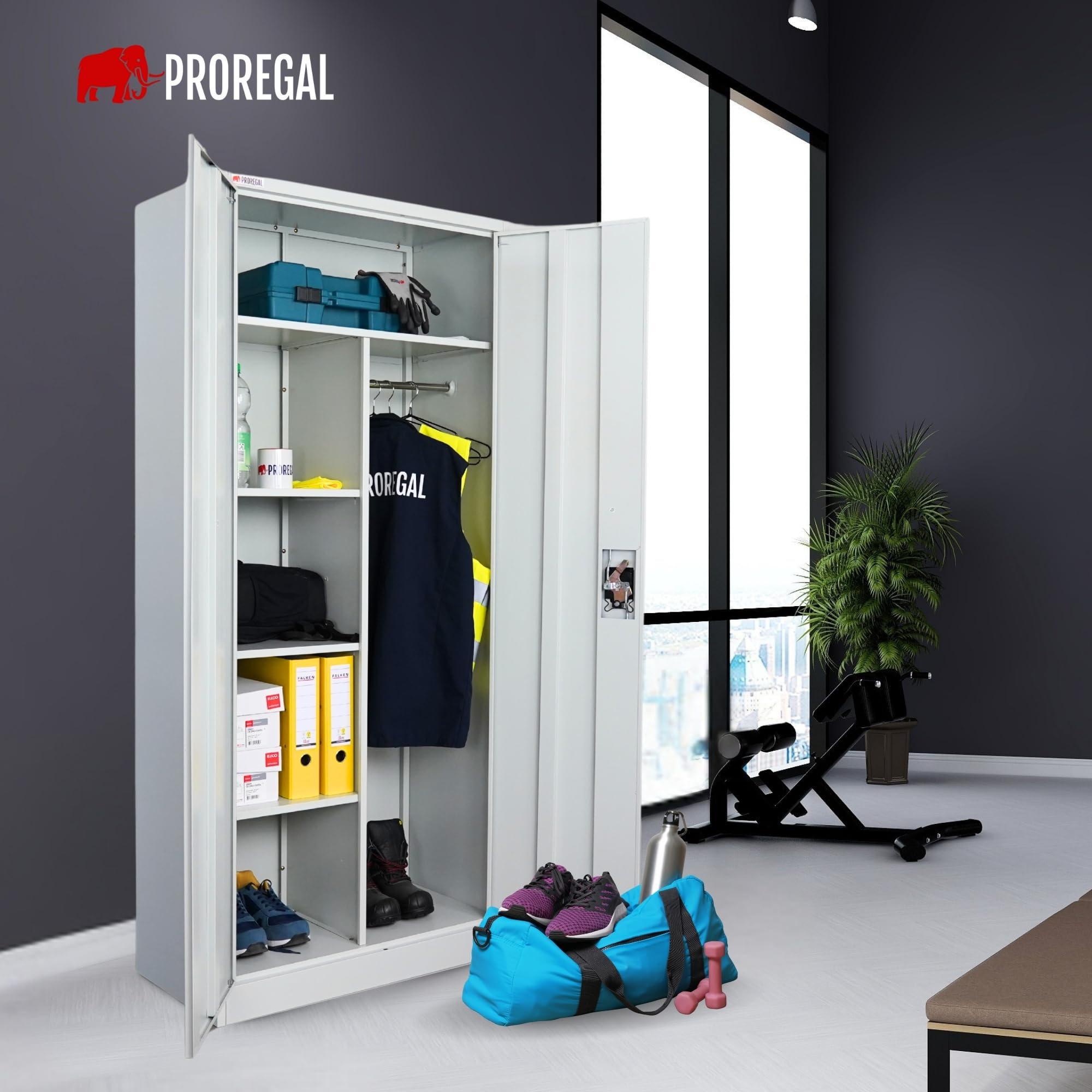 PROREGAL Flügeltürenschrank Elephant Metall Spind Schrank abschließbar 2 Türen 180x80x40cm Stahl 6 Fächern & Kleiderstange Stahlschrank Pulverbeschichtung Lichtgrau Garderobenschrank Aktenschrank