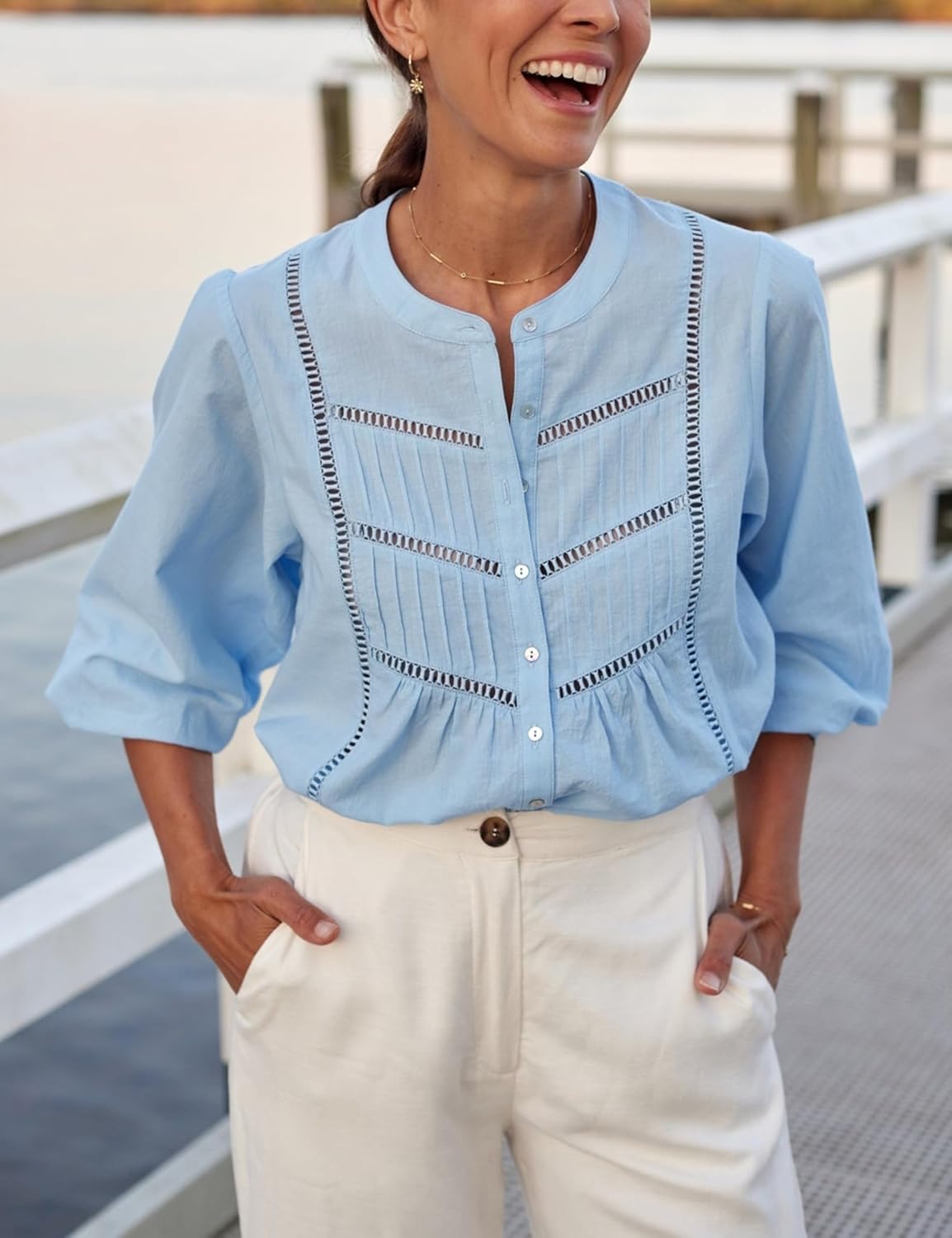 EsheSy Women's Button Down Shirts Lace Blouses Bracelet Sleeves Round Neck Loose Pleated Cotton Tops - Image 6