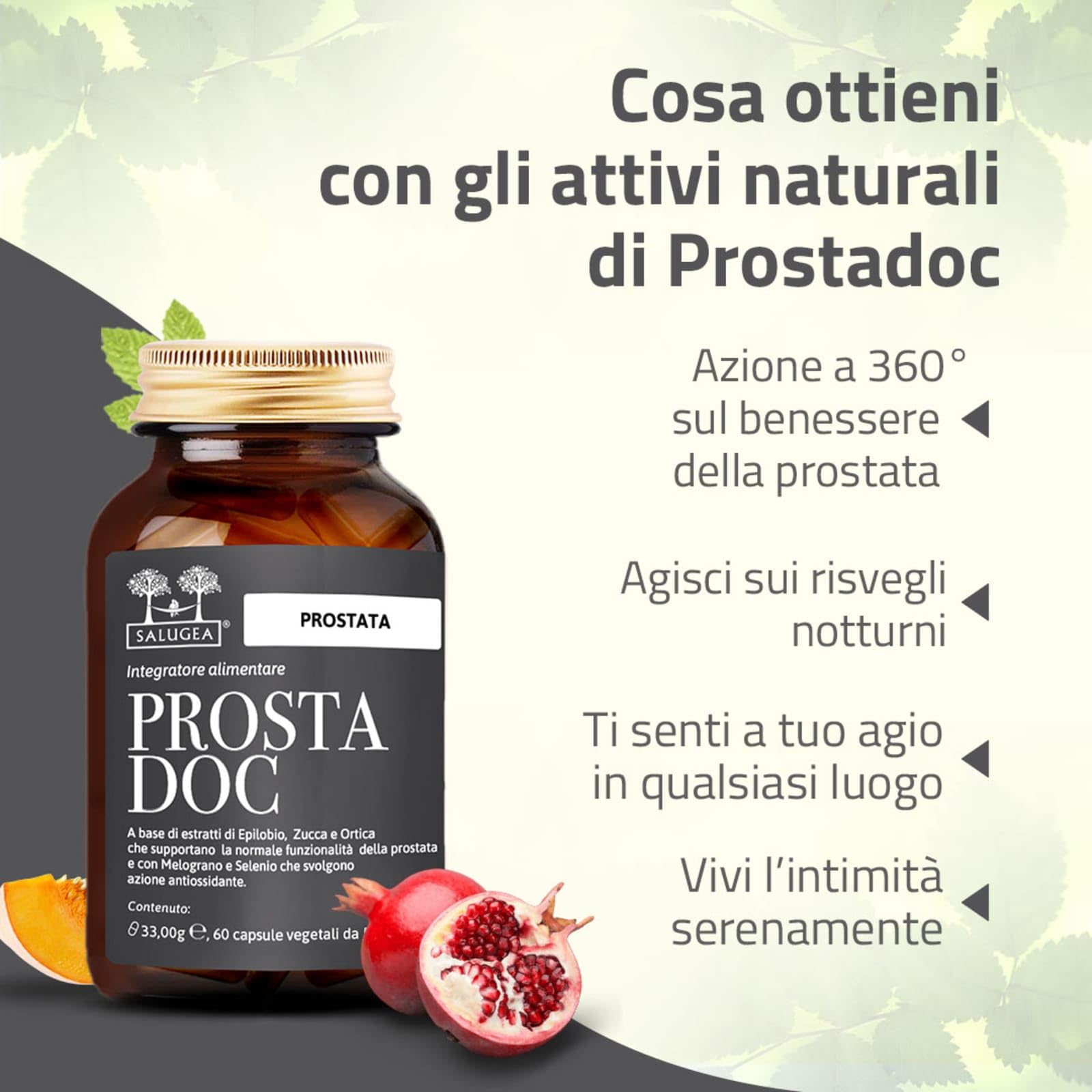 PROSTADOC Salugea - Integratore 100% naturale per il Benessere della prostata - con EnotProst®, Zucca, Ortica, Melograno e Selenio - 60 Capsule in Flacone di vetro scuro farmaceutico