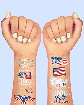 xo, Fetti Fourth of July Decorations Temporary Tattoos - 30 styles | America, Red White and Blue Party Supplies, 4th of July, USA,Memorial Day, Independence Day, Labor Day