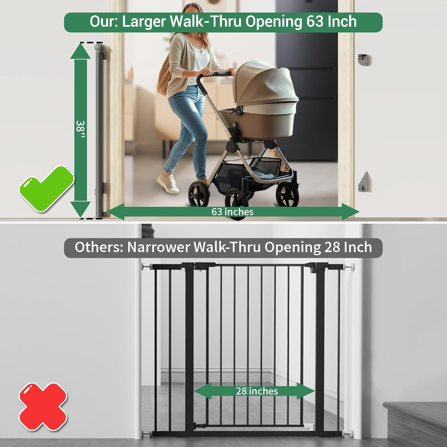 Reinforced Retractable Baby Gate, Extra 38" Tall, Extends up to 63" Wide, Hardwared Installation Mesh Gate for Stairs, Dog Gate, Child Pet Gate for Stairs, Doorways, Hallways, Indoo (Gray)