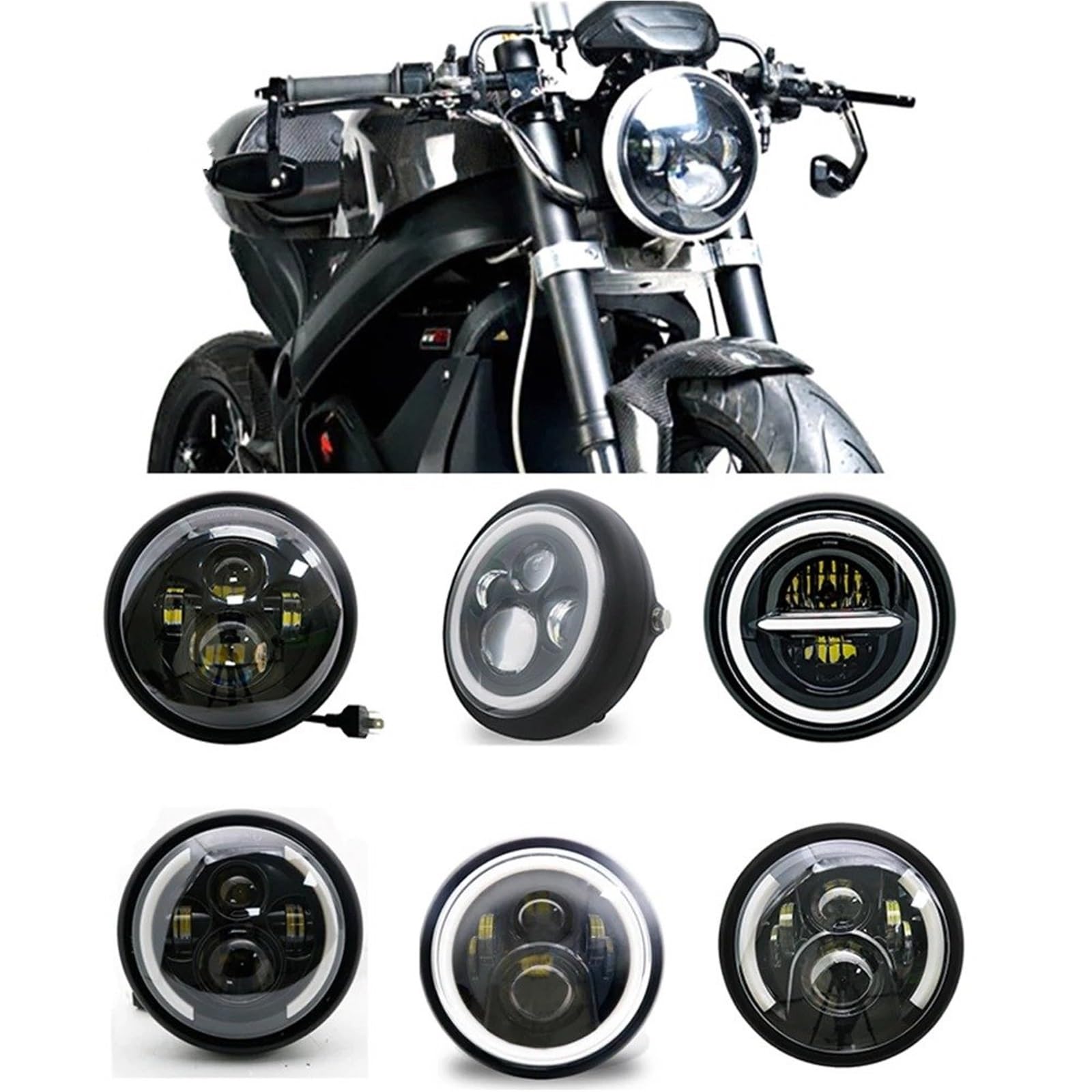 Moto Fari Stradali Spot Light Beam Per Supporto Faro 7 Pollici, Parti Per Motocicletta Cafe Racer,5, LED Rotondo Nero, Lampada Hi/Lo