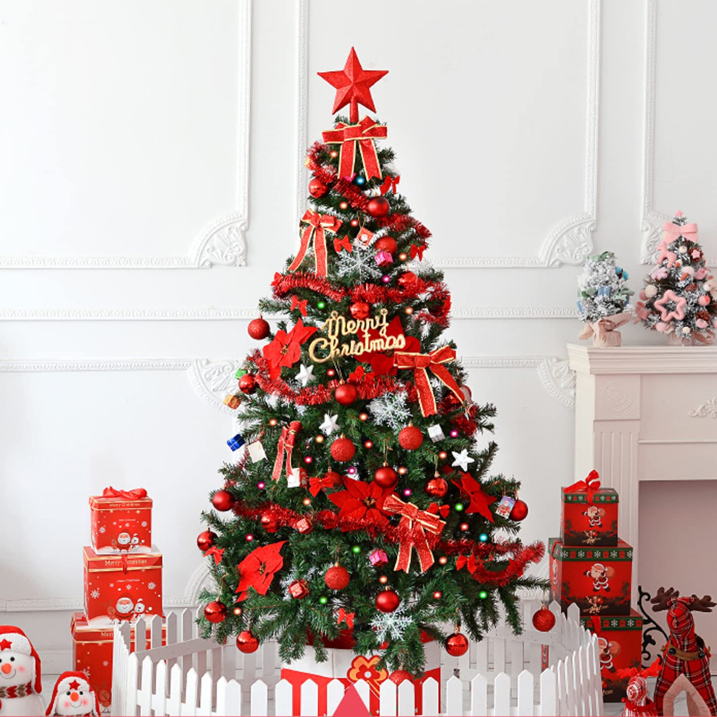 5FT/150CM Christmas Tree, Easy Assembly Premium Dense Artificial Spruce with Metal Stand 400 Branch Tips, Xmas Pine Tree with 95Pcs Red Decorations and 5M Warm White Lights