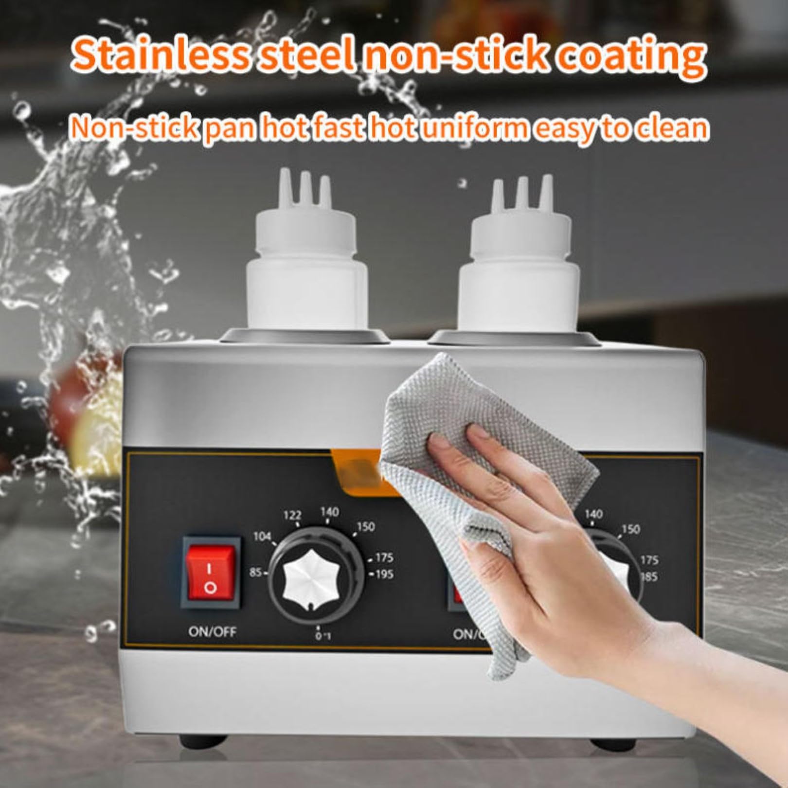 Dispensador Comercial de Calentador de Salsas, Calentador de Mostrador de Acero Inoxidable de 640W con 4 Botellas Exprimibles de 650Ml para Queso Nacho, Fudge Caliente y Salsa